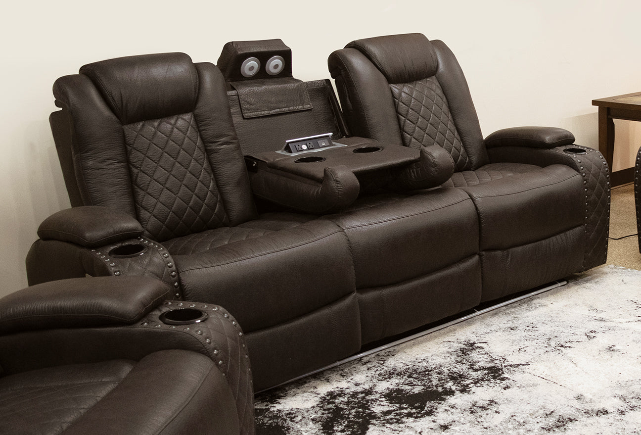 Omega Brown Power Reclining Sofa and Loveseat Set P2