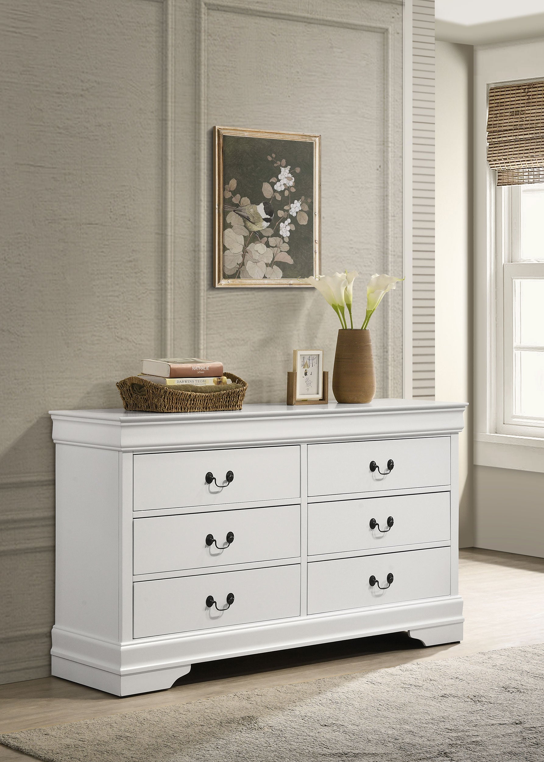 Louis Philippe 6-drawer Dresser and Mirror White