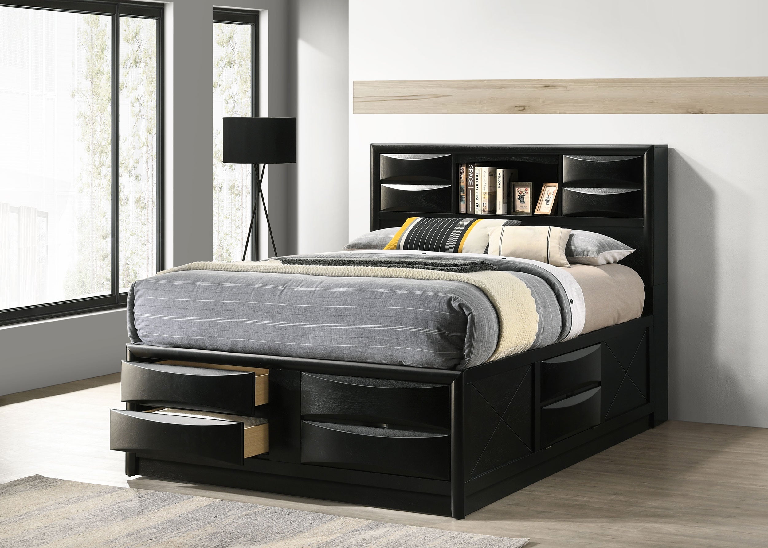 Briana Wood California King Storage Bookcase Bed Black