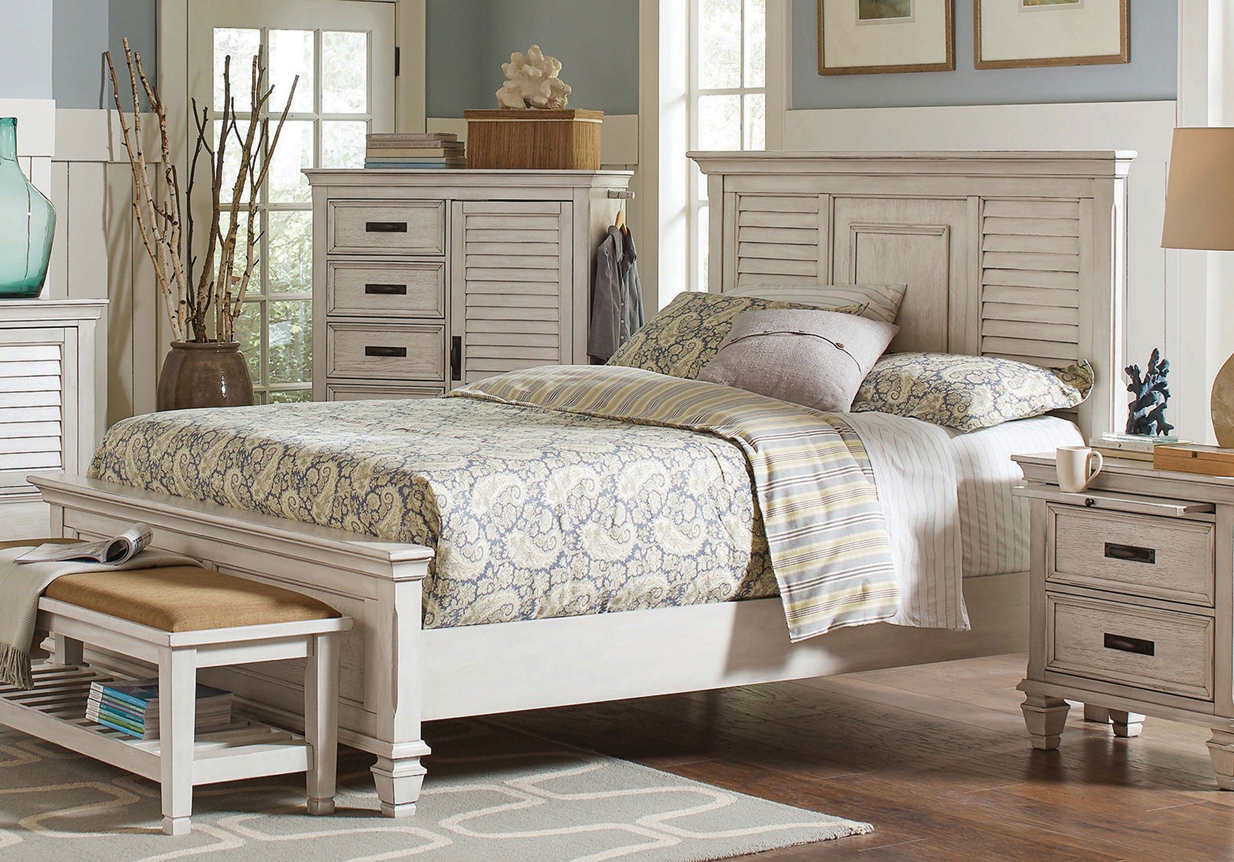 Franco Wood  Panel Bed Distressed White