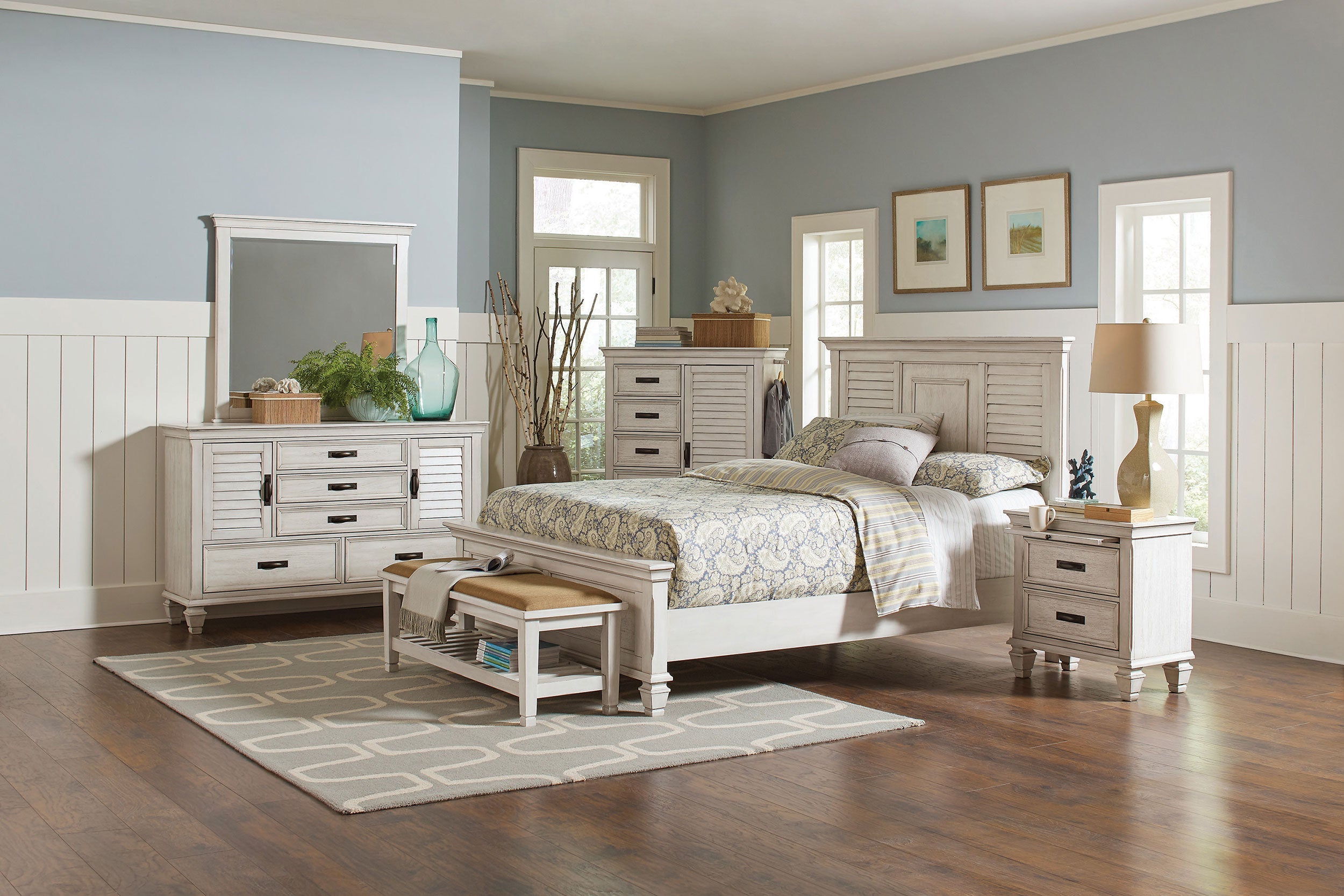 Franco Wood  Panel Bed Distressed White