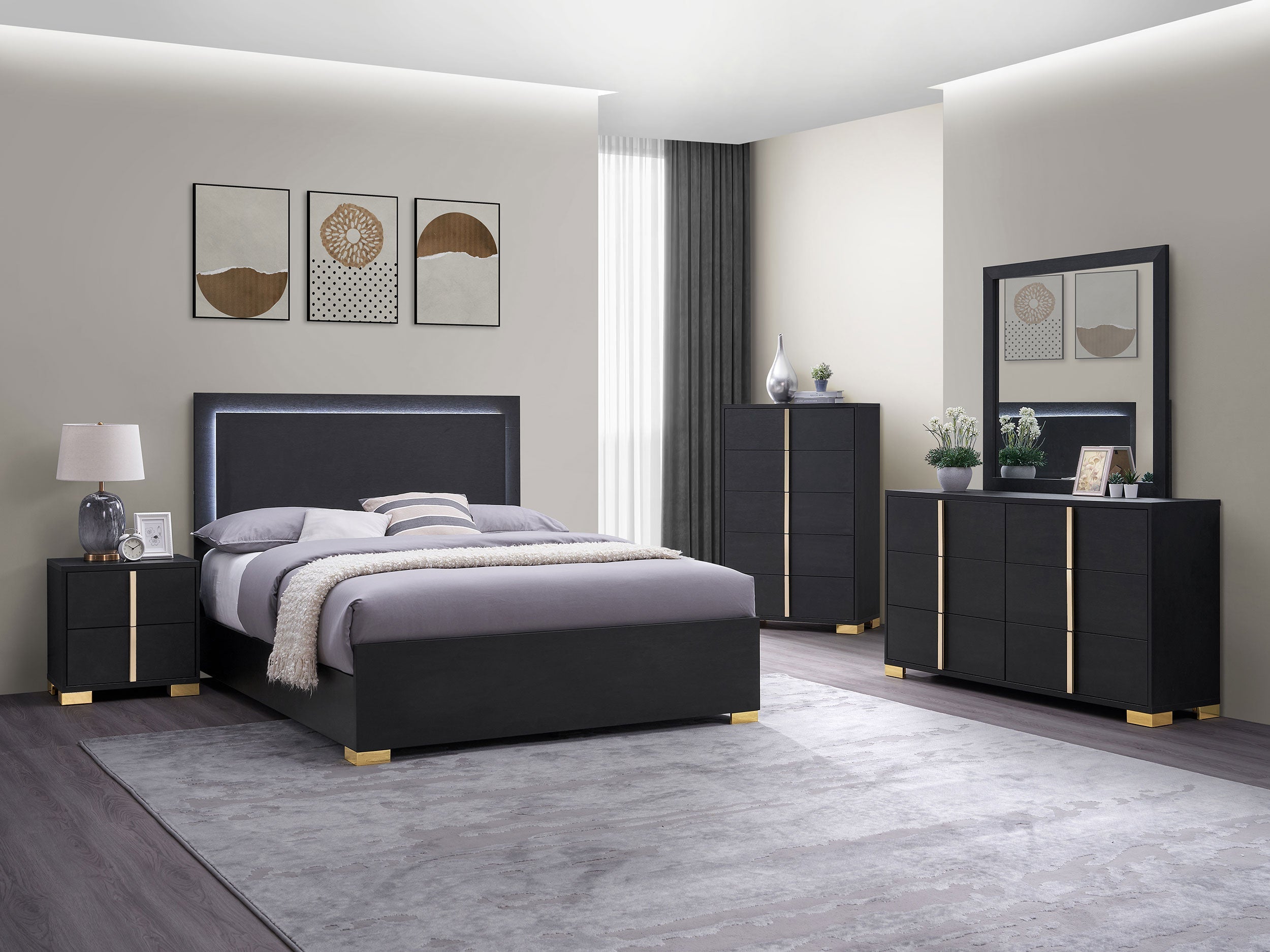 Marceline Wood  LED Panel Bed Black
