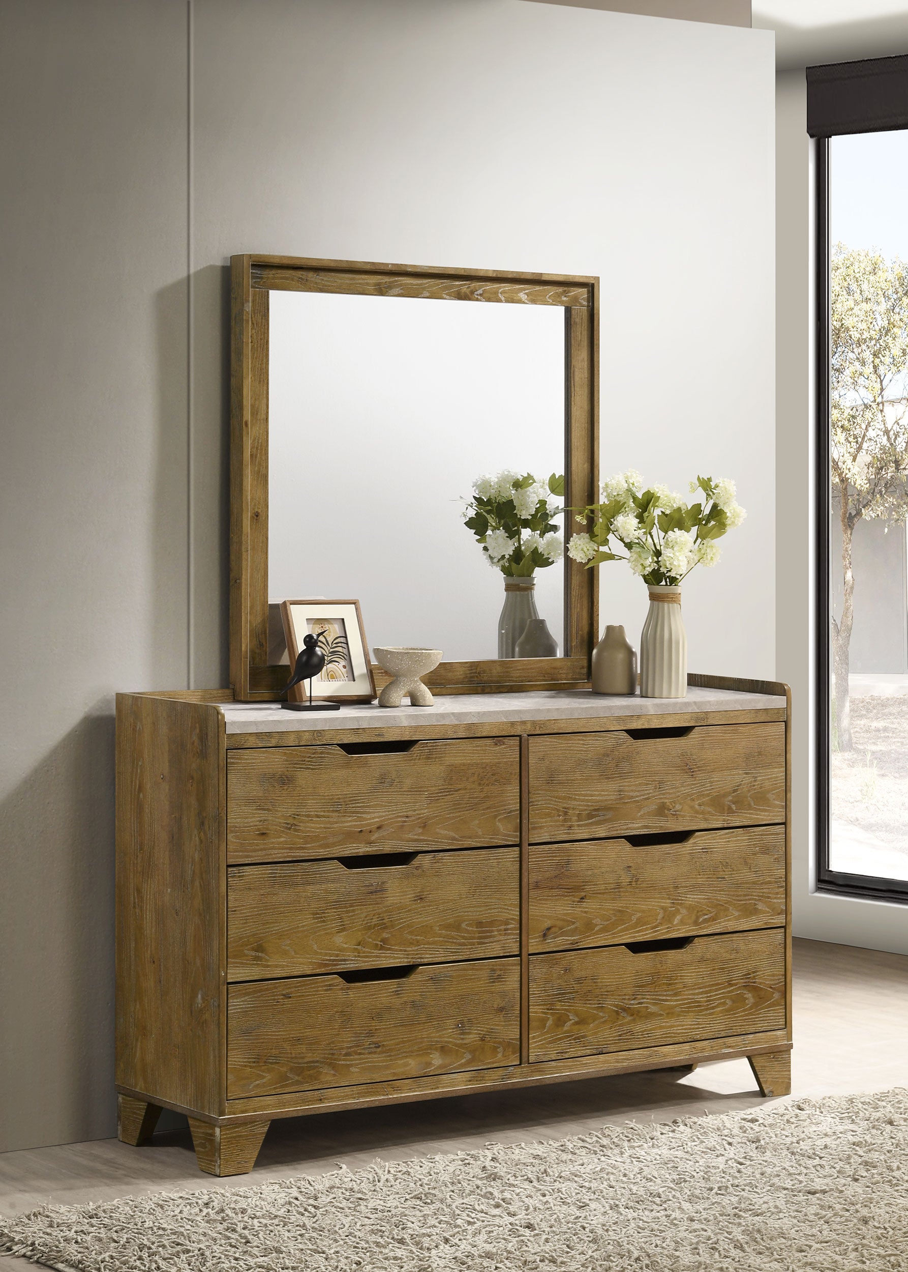Henderson 6-drawer Bedroom Dresser with Mirror Medium Oak