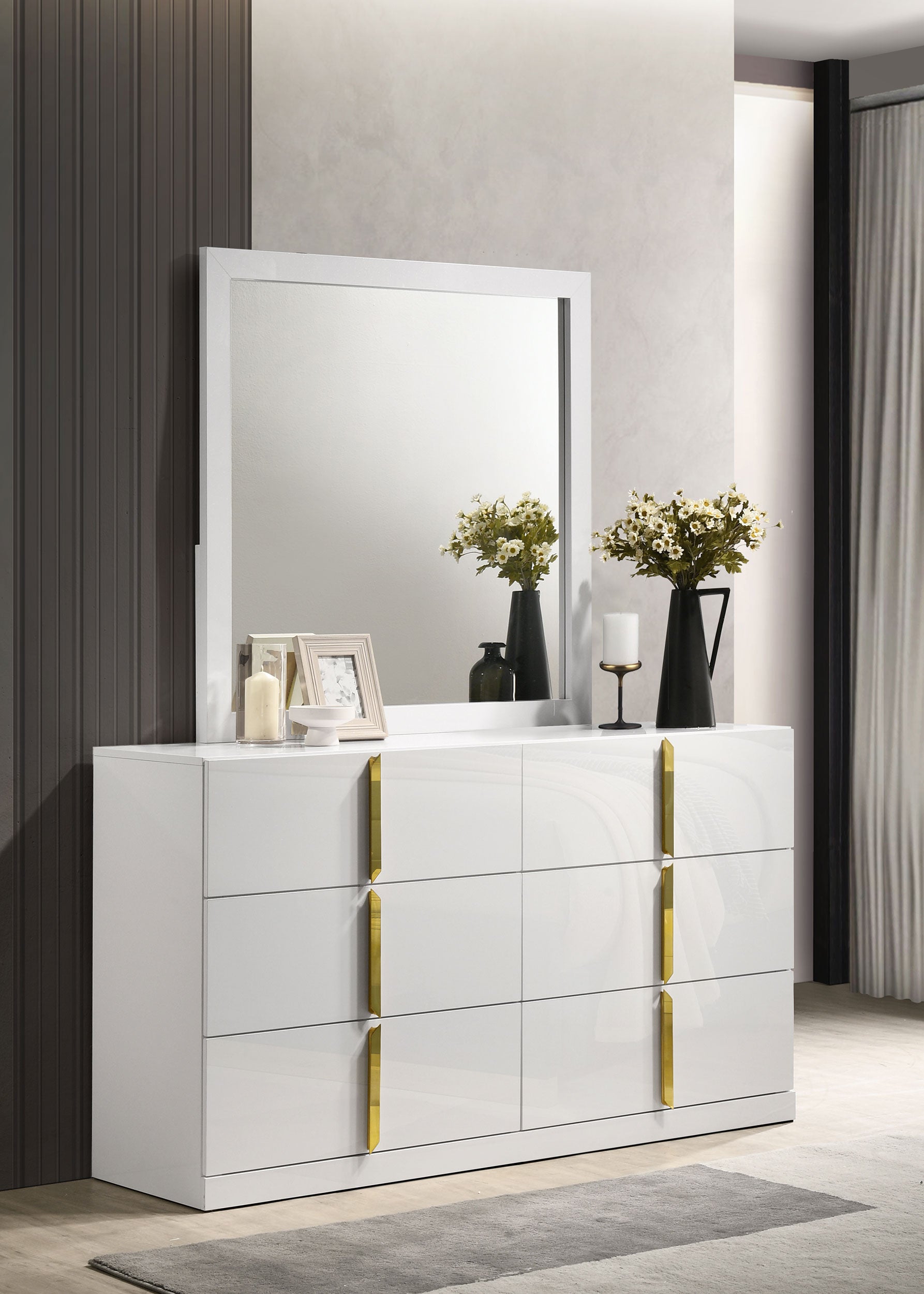 Ines 6-drawer Bedroom Dresser with Mirror Cabinet White High Gloss