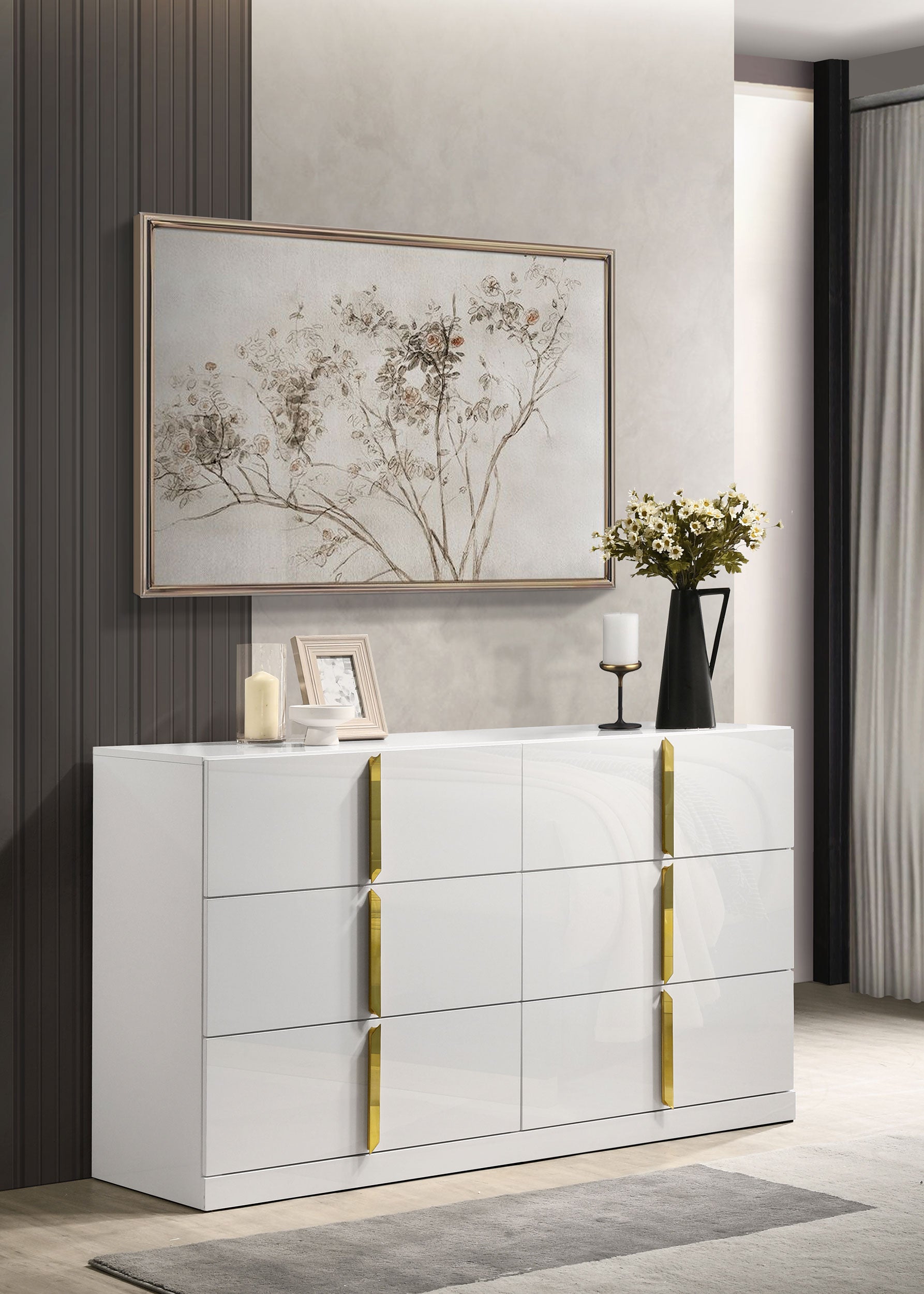 Ines 6-drawer Bedroom Dresser with Mirror Cabinet White High Gloss