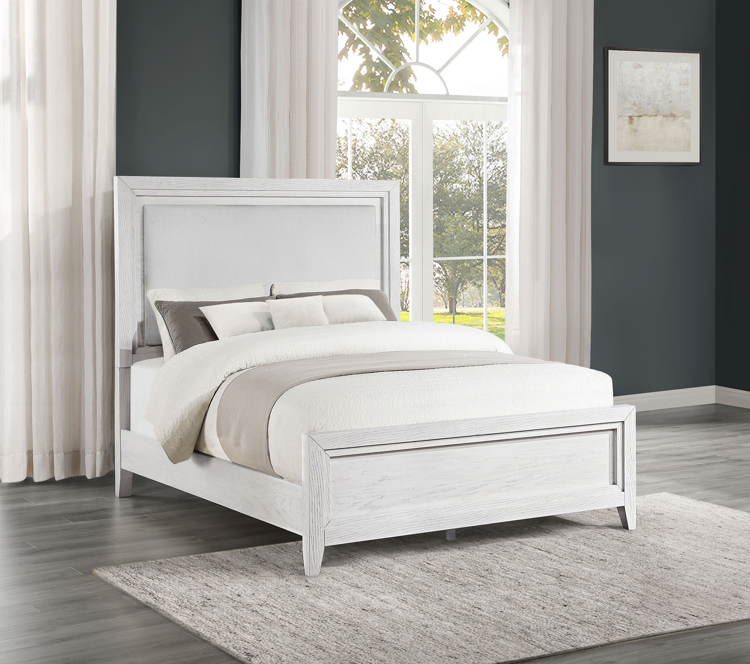 Marielle Panel Upholstered Bed Distressed White