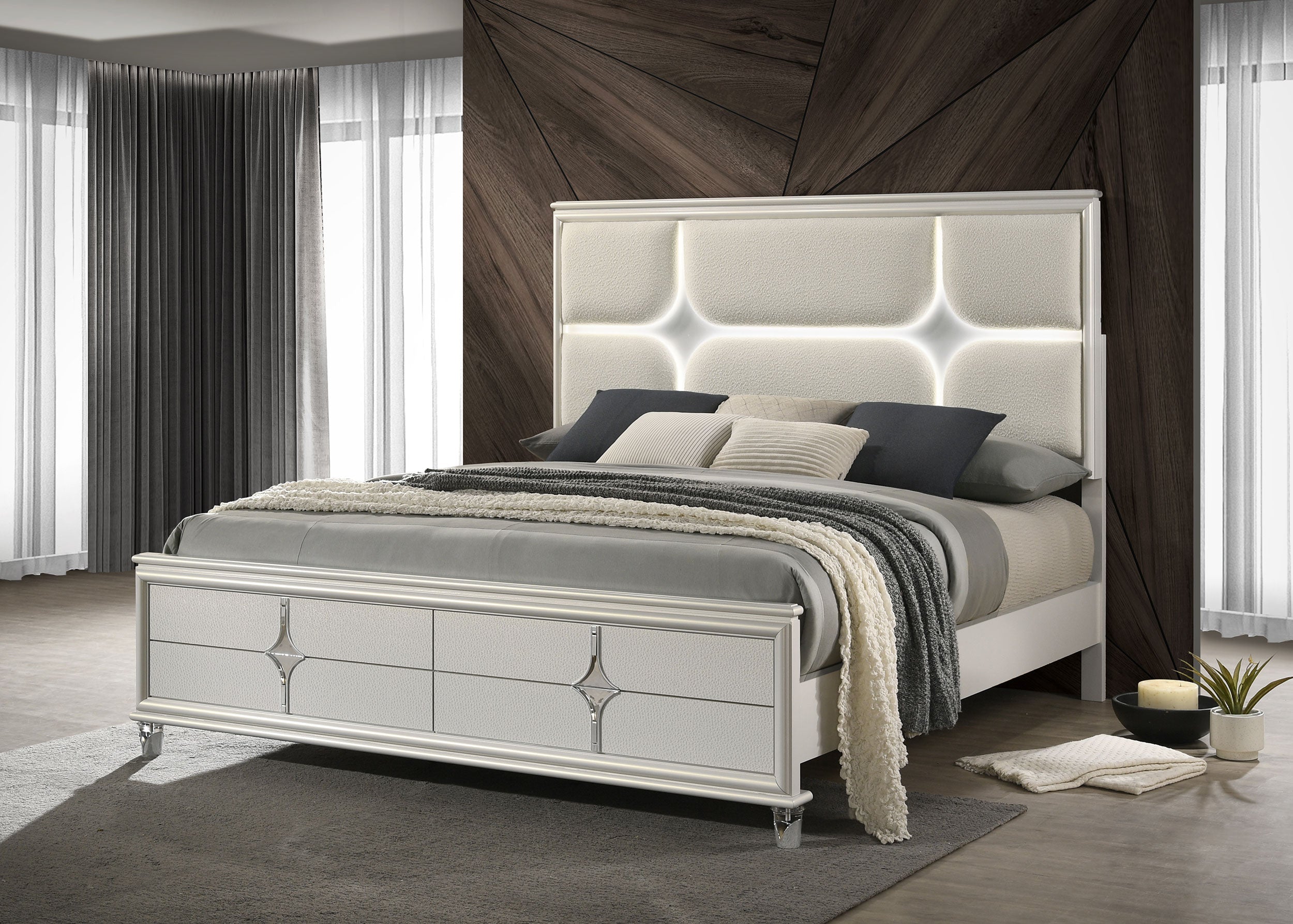 Olivia g Panel Bed LED Headboard Pearl White