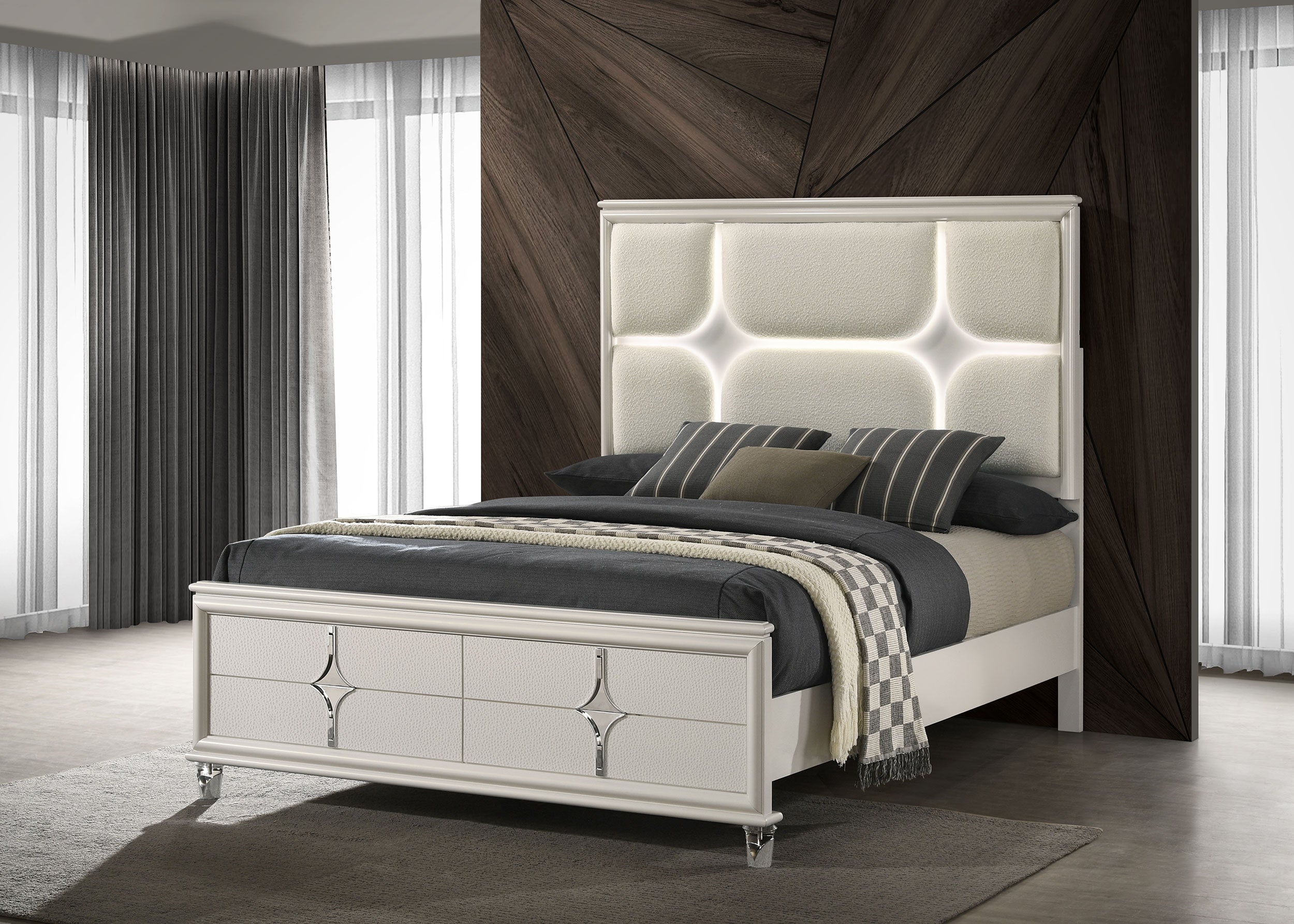 Olivia g Panel Bed LED Headboard Pearl White