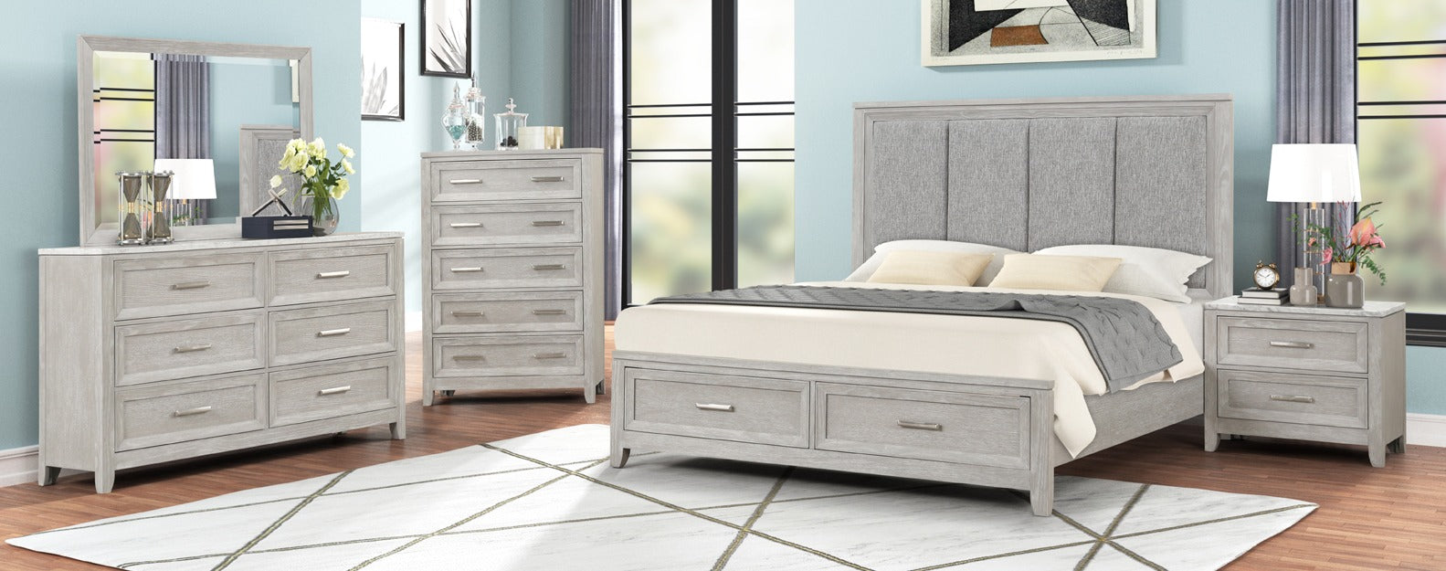 Fantasia Dove 4PC Bedroom Set (Bed, Dresser, Mirror, 1 Nightstand)