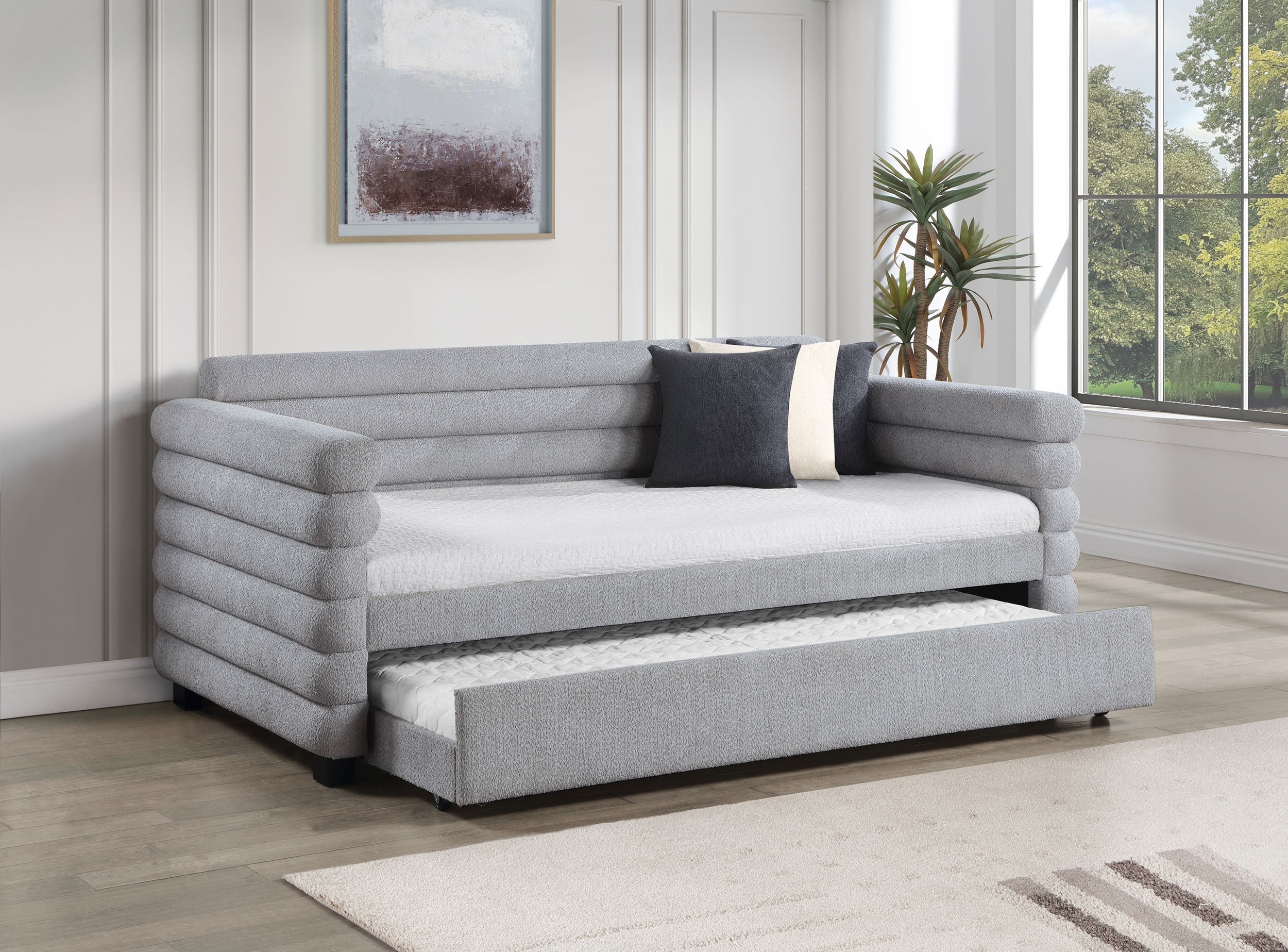 Patricia Boucle Upholstered  Day Bed with Trundle Grey