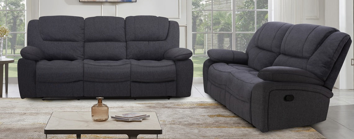 London Charcoal Reclining Sofa, gray fabric