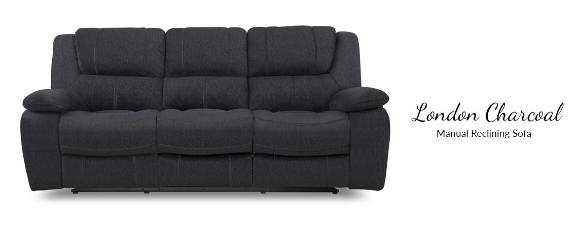 London Charcoal Reclining Sofa, gray fabric