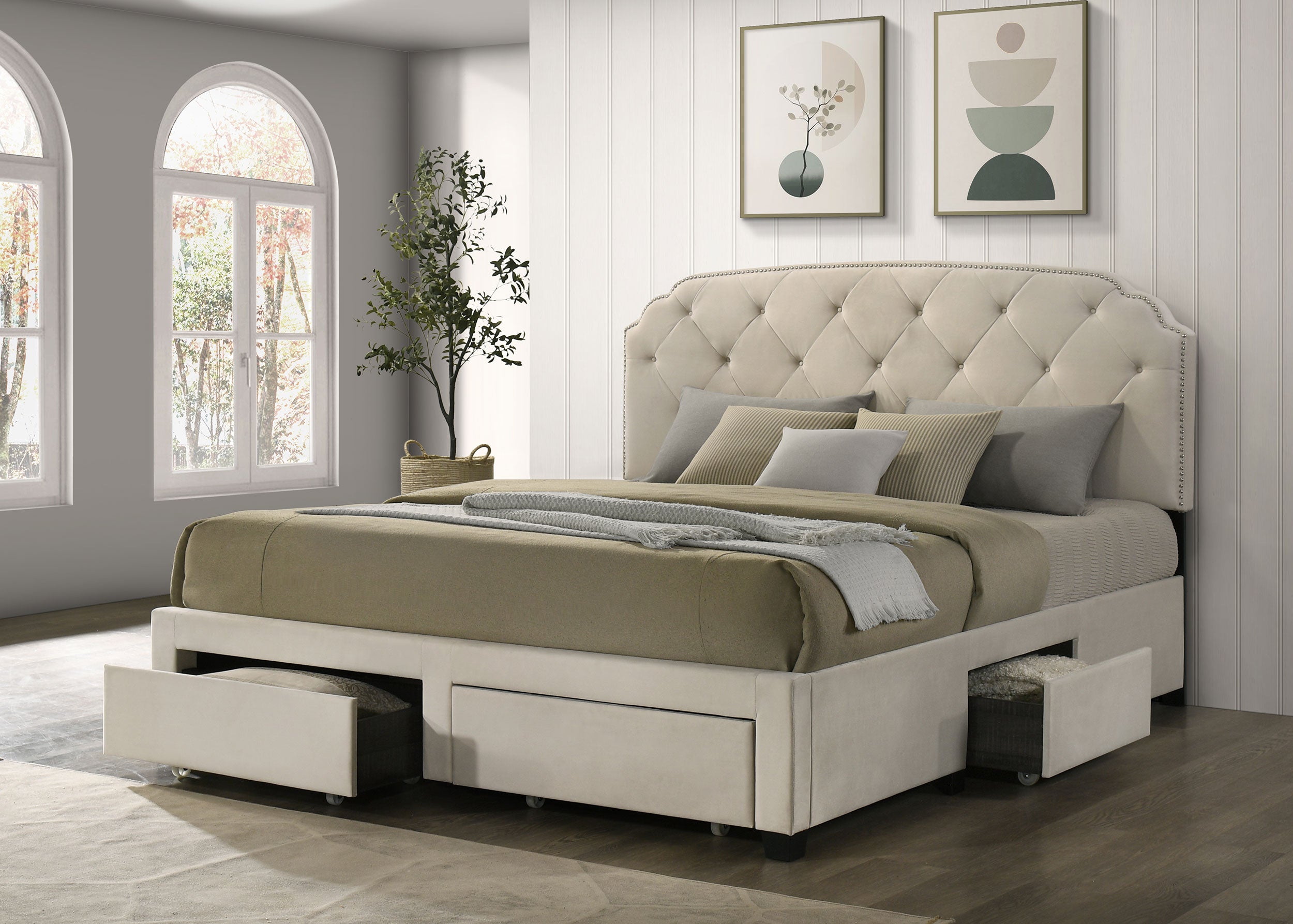 Marianna 4-drawer Upholstered Storage Bed Cream