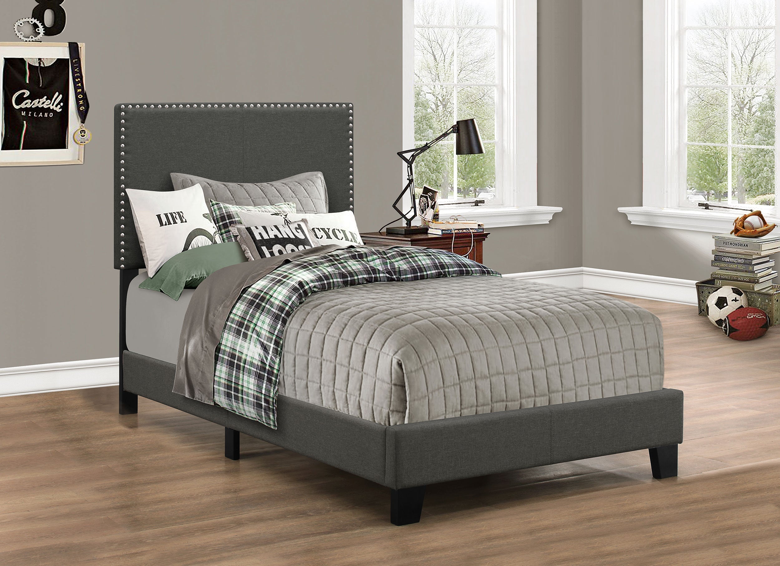Boyd Upholstered Bed Frame with Nailhead Trim Charcoal