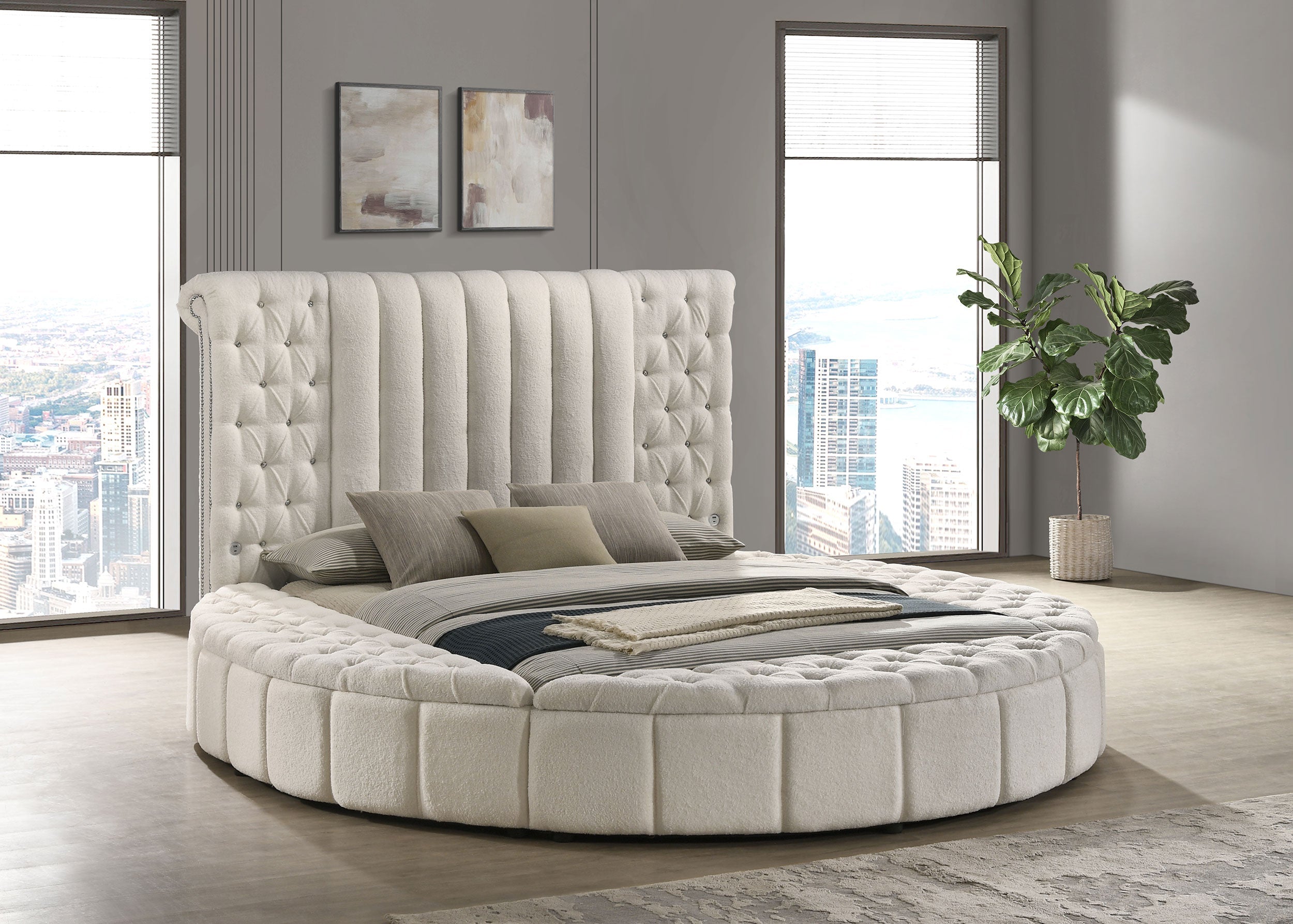 Sonya Upholstered  Round Storage Bed Ivory