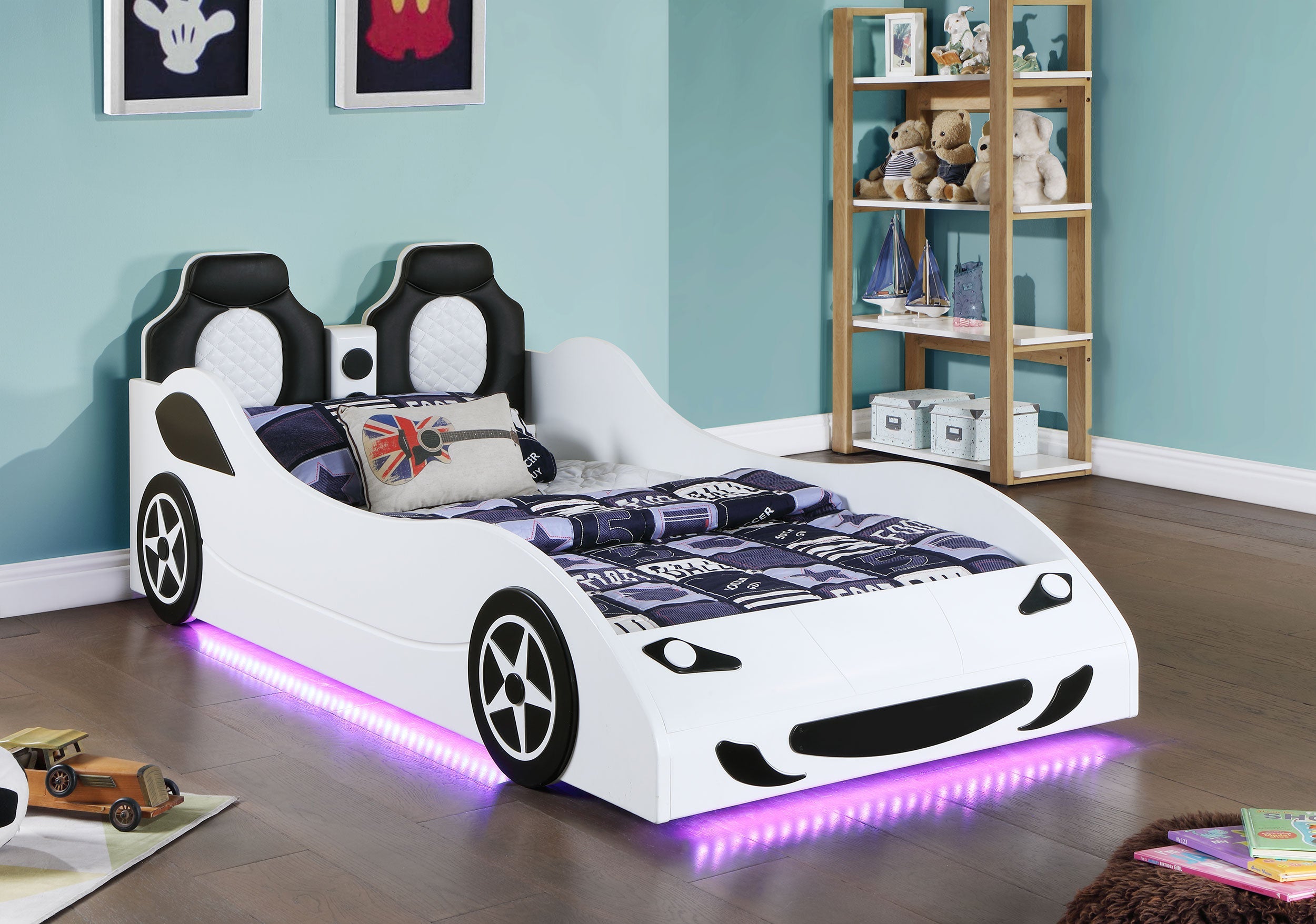 Cruiser Wood  LED Race Car Bed and 7-inch Mattress Blue