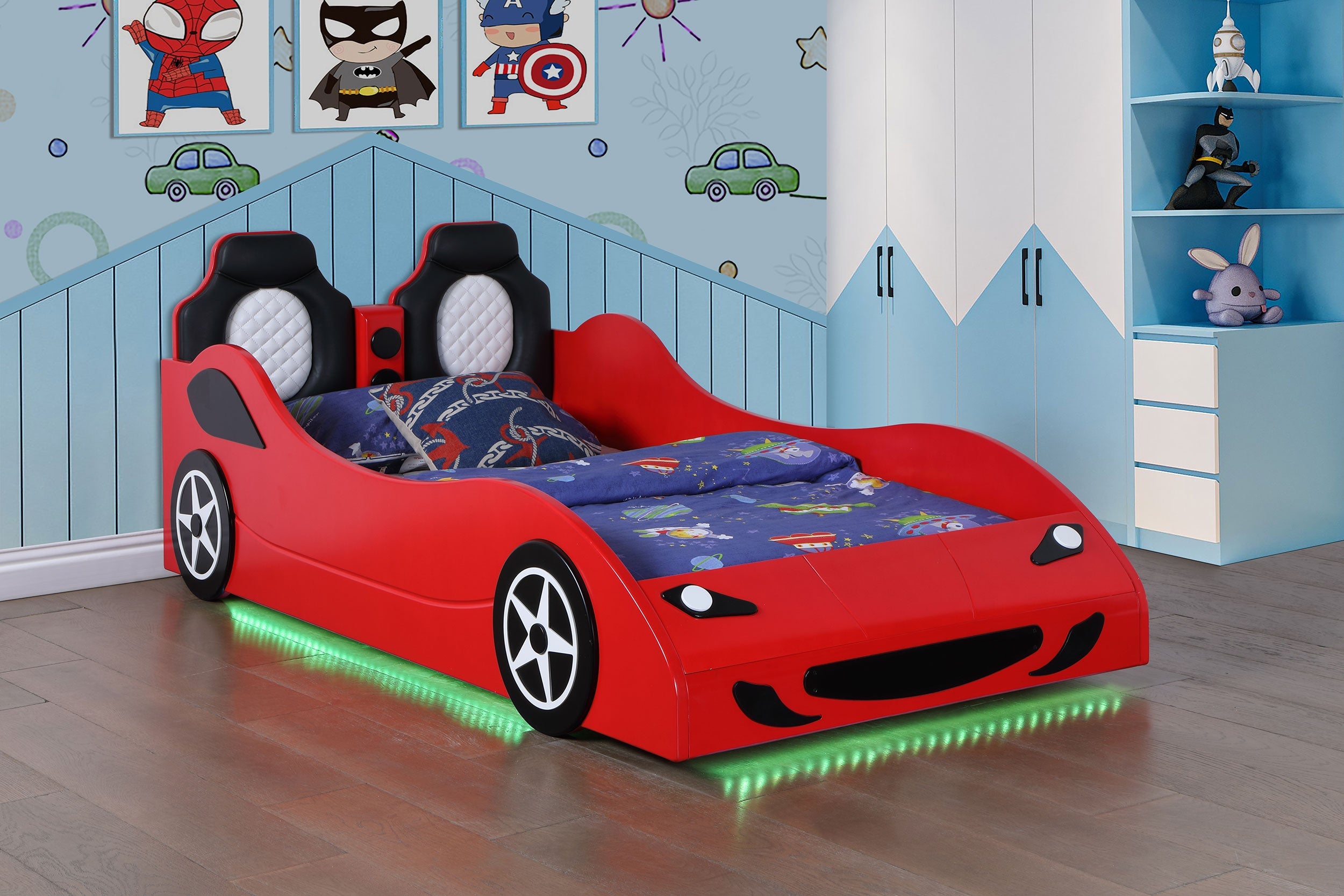 Cruiser Wood  LED Race Car Bed and 7-inch Mattress Blue