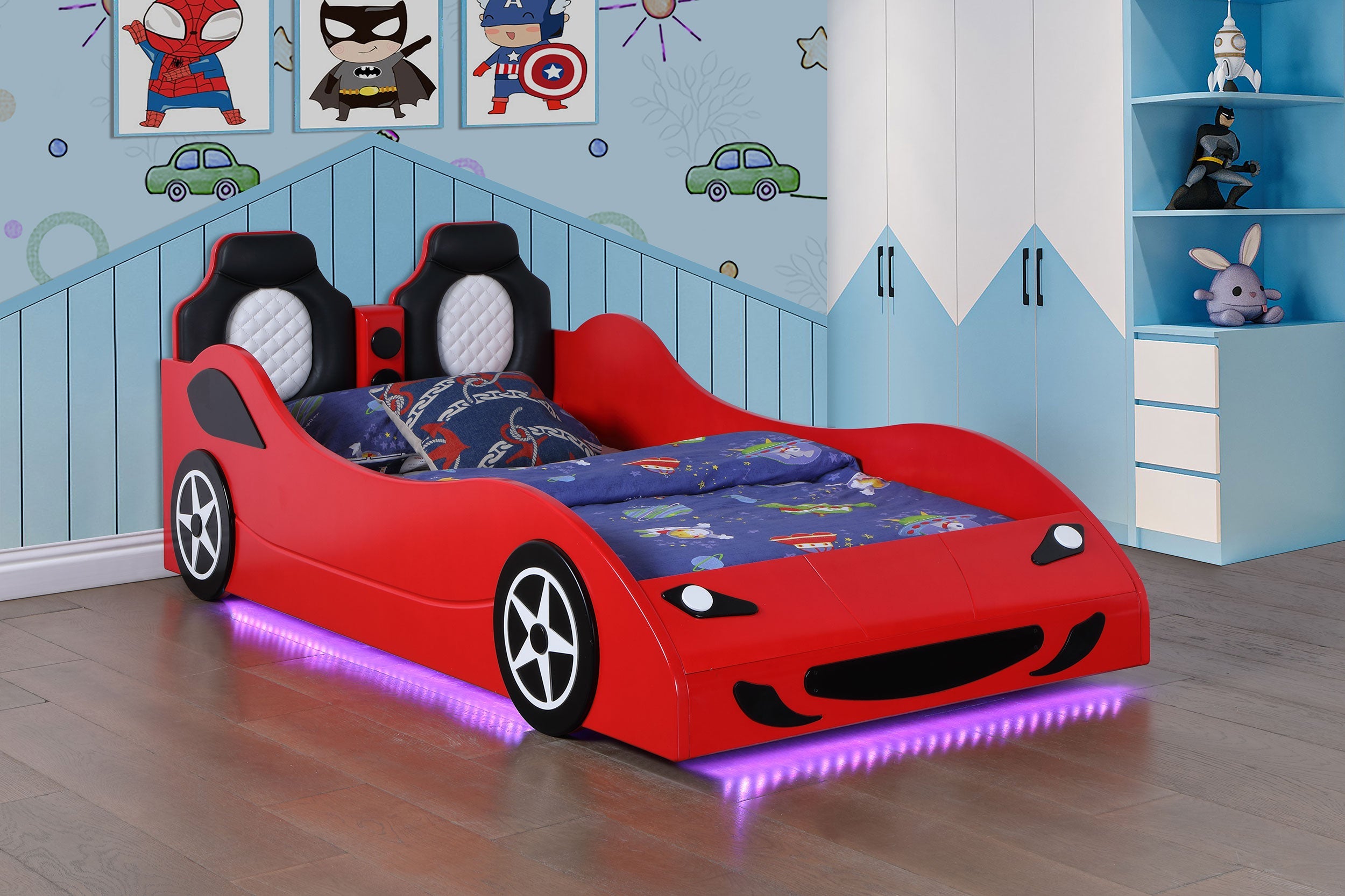 Cruiser Wood  LED Race Car Bed and 7-inch Mattress Blue
