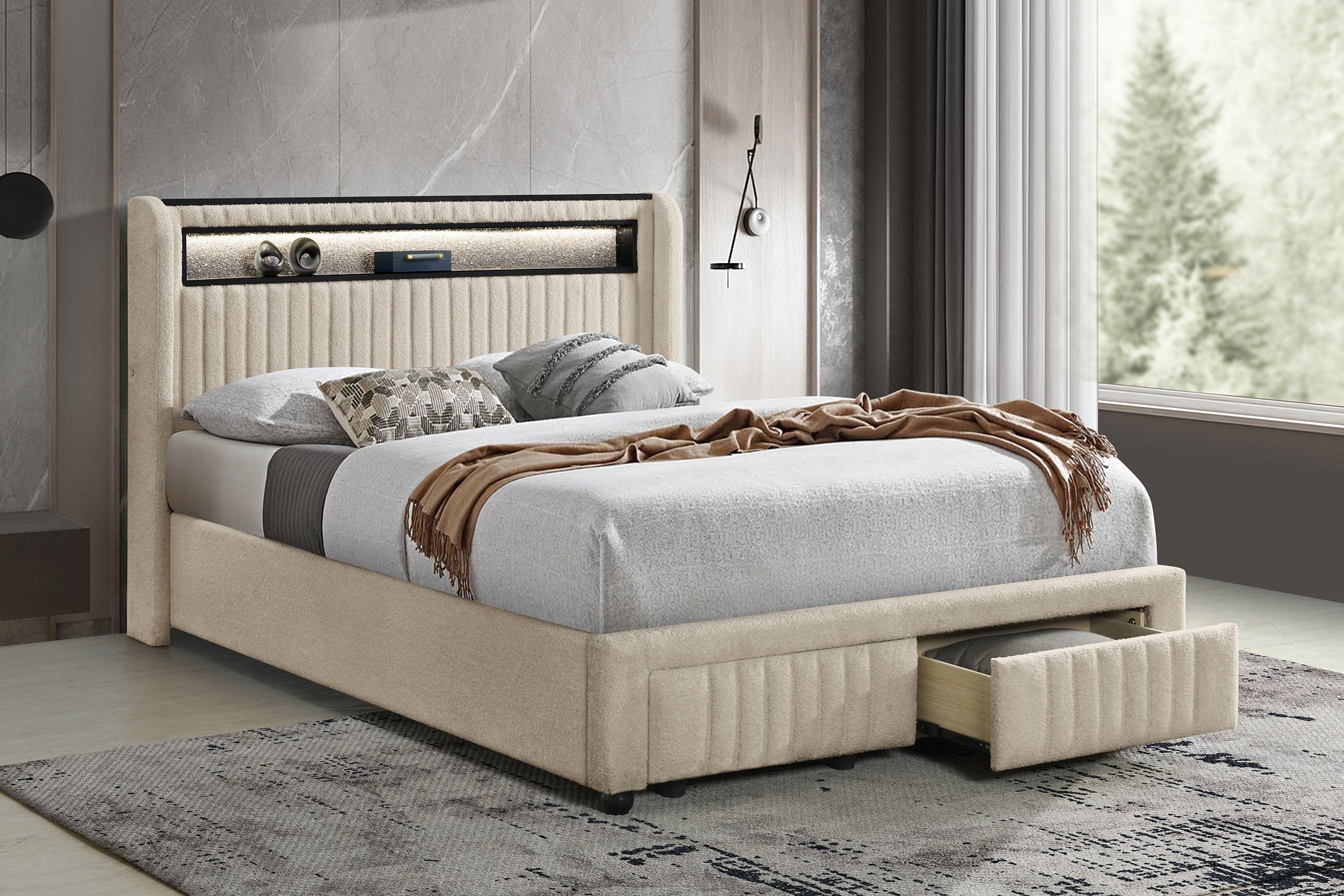 Madison Upholstered LED  Storage Platform Bed Cream