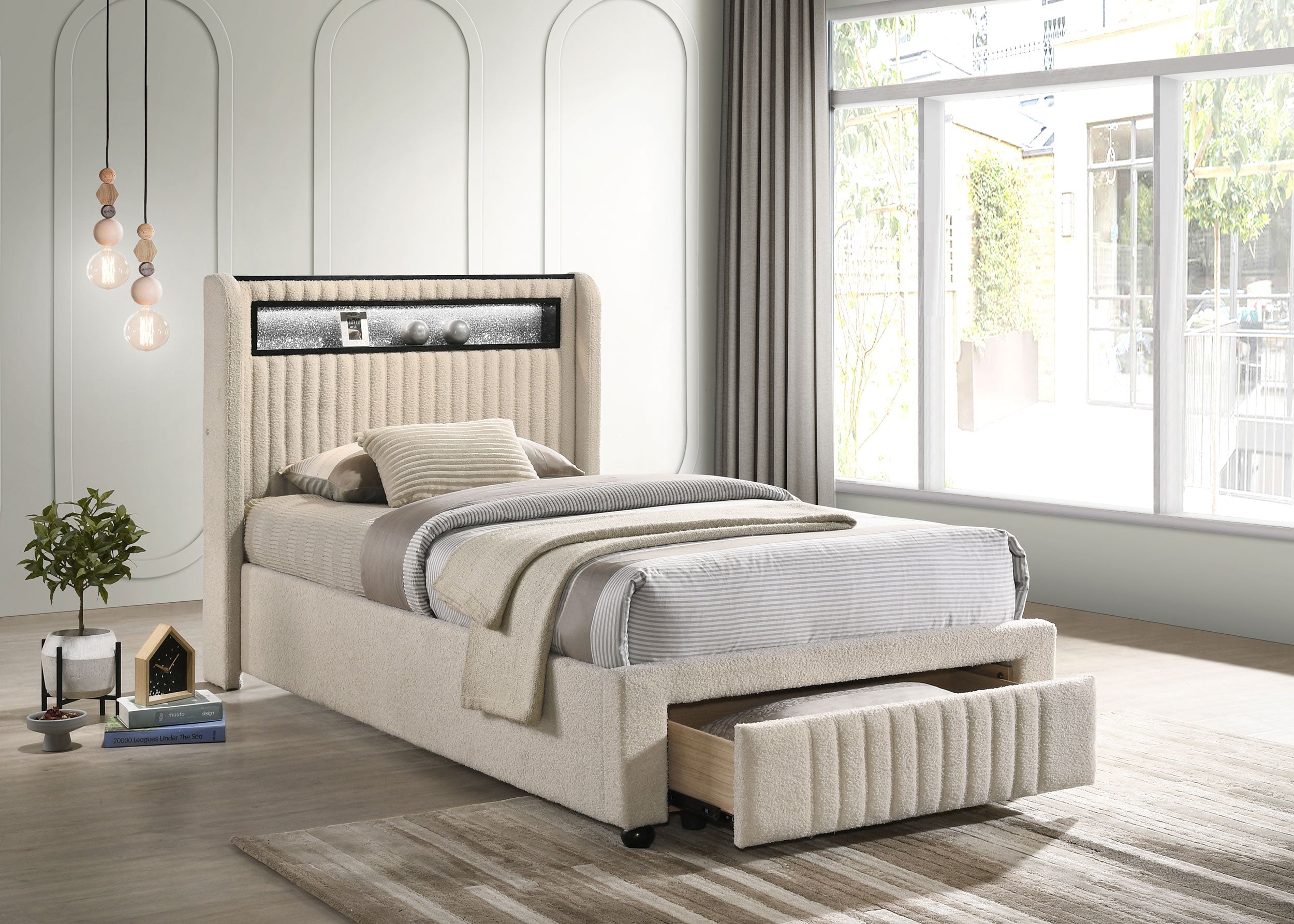 Madison Upholstered LED  Storage Platform Bed Cream