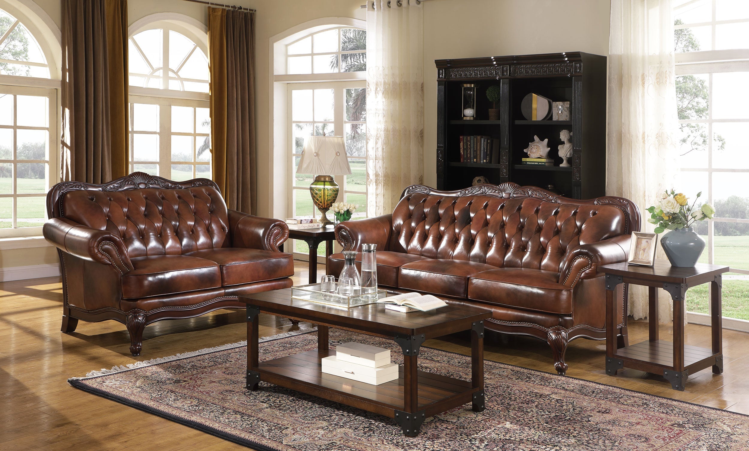 Victoria   Leather Upholstered Sofa Set Brown