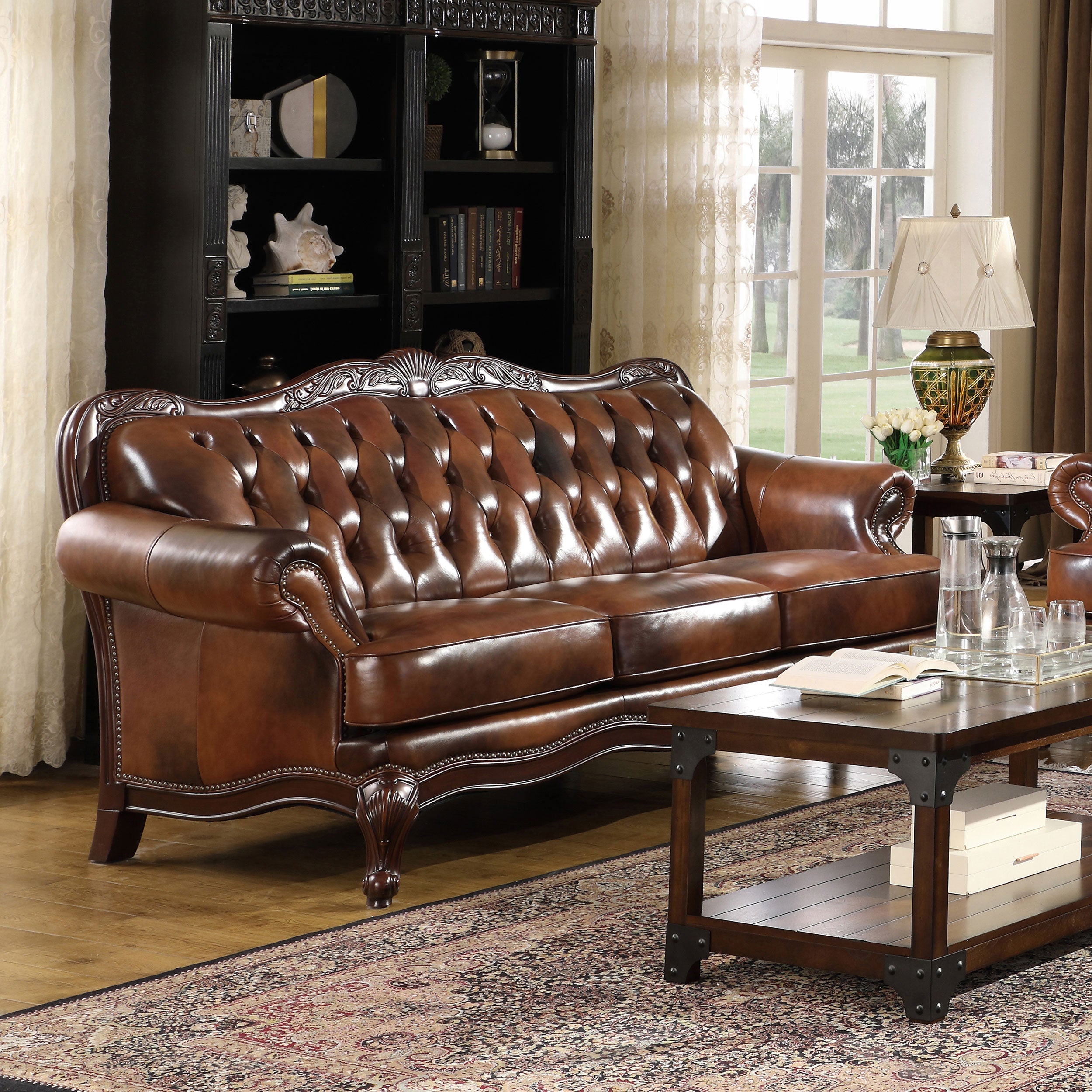 Victoria  Leather Upholstered Rolled Arm Sofa Brown