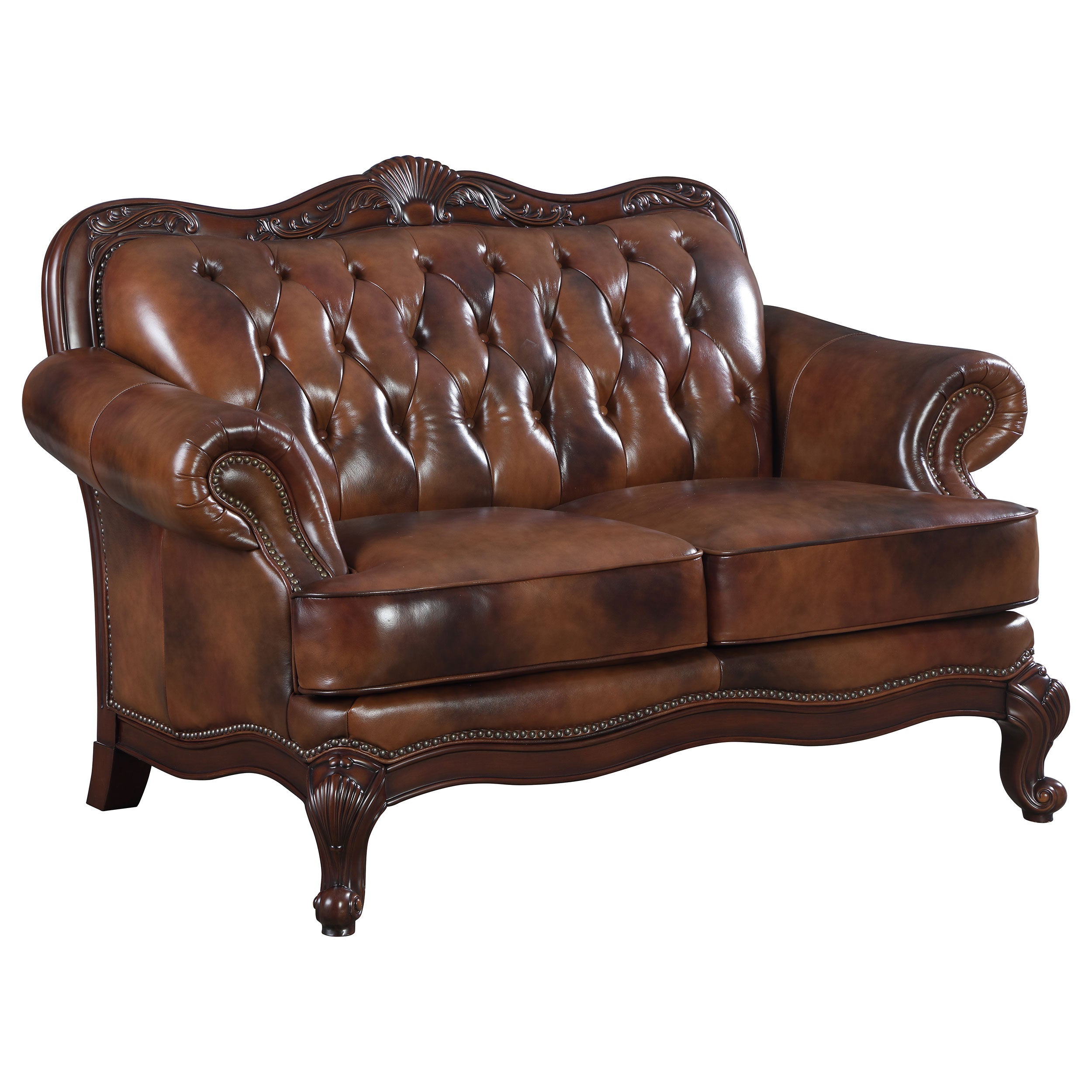 Victoria  Leather Upholstered Rolled Arm Loveseat Brown