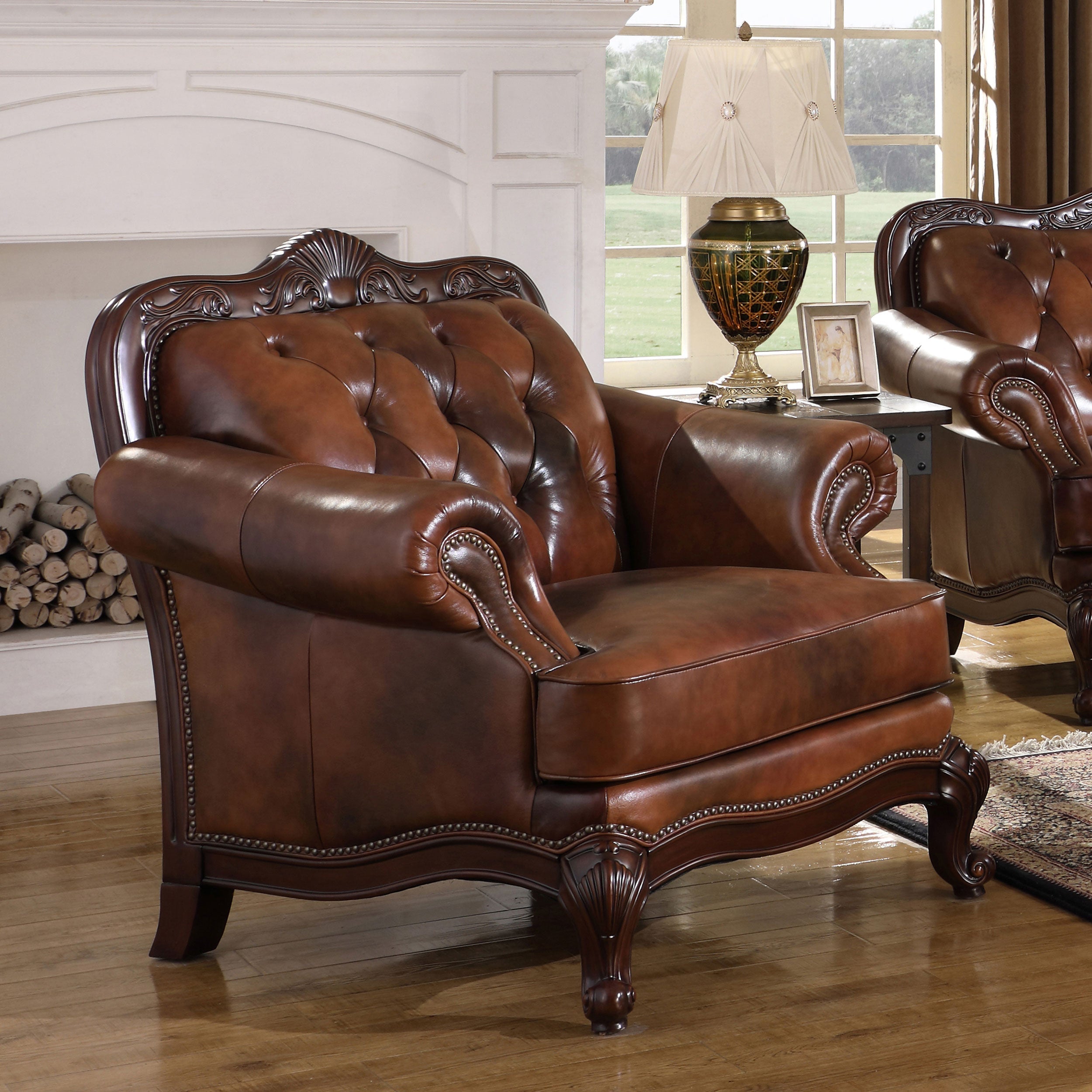 Victoria  Leather Upholstered Rolled Arm Chair Brown