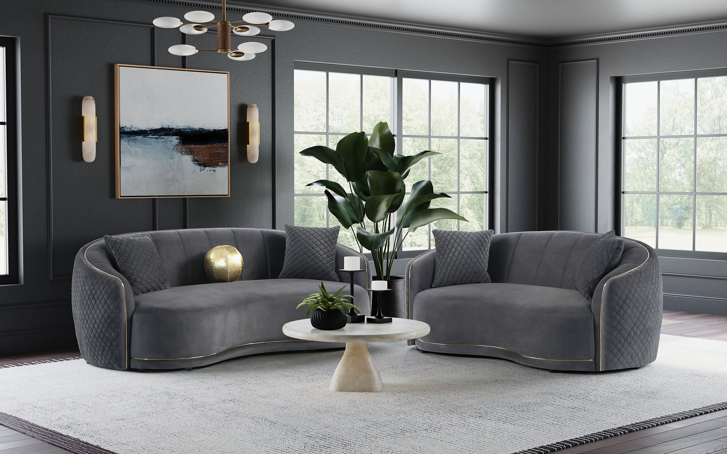 Brookside  Velvet Upholstered Sofa Set Dark Grey