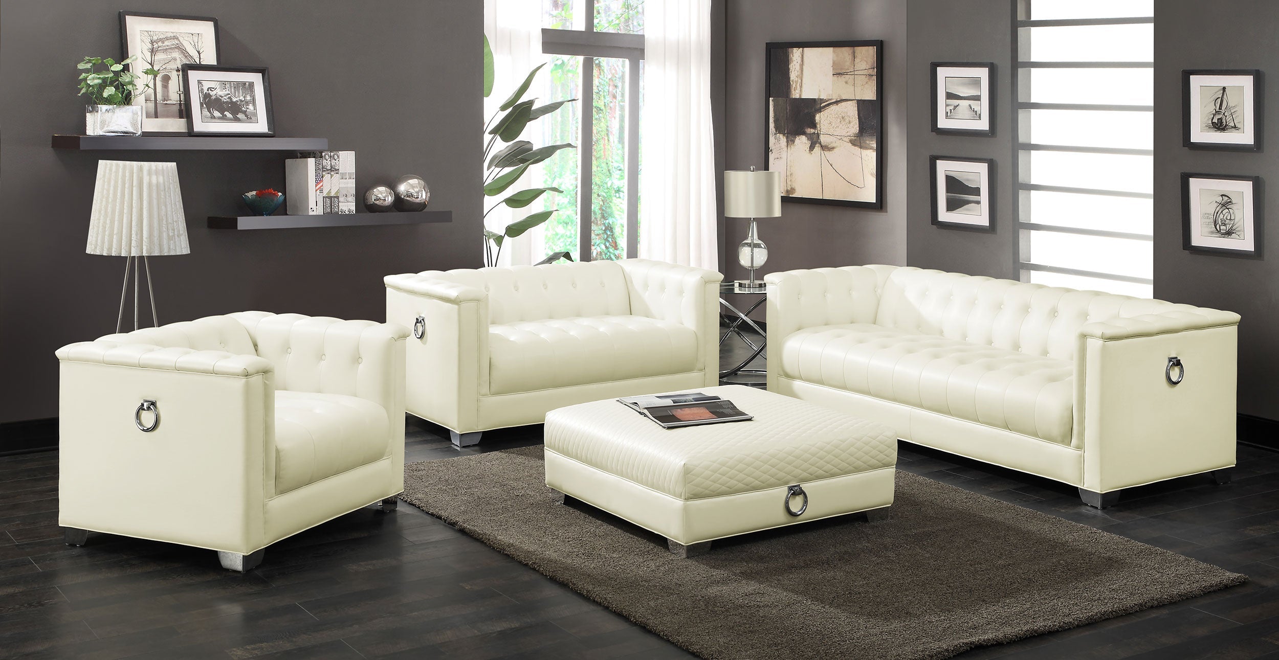Chaviano Upholstered Track Arm Sofa Set Pearl White