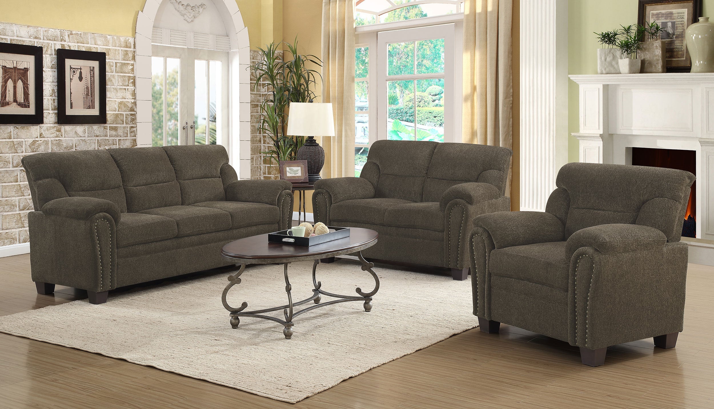 Clementine  Upholstered Padded Arm Sofa Set Brown