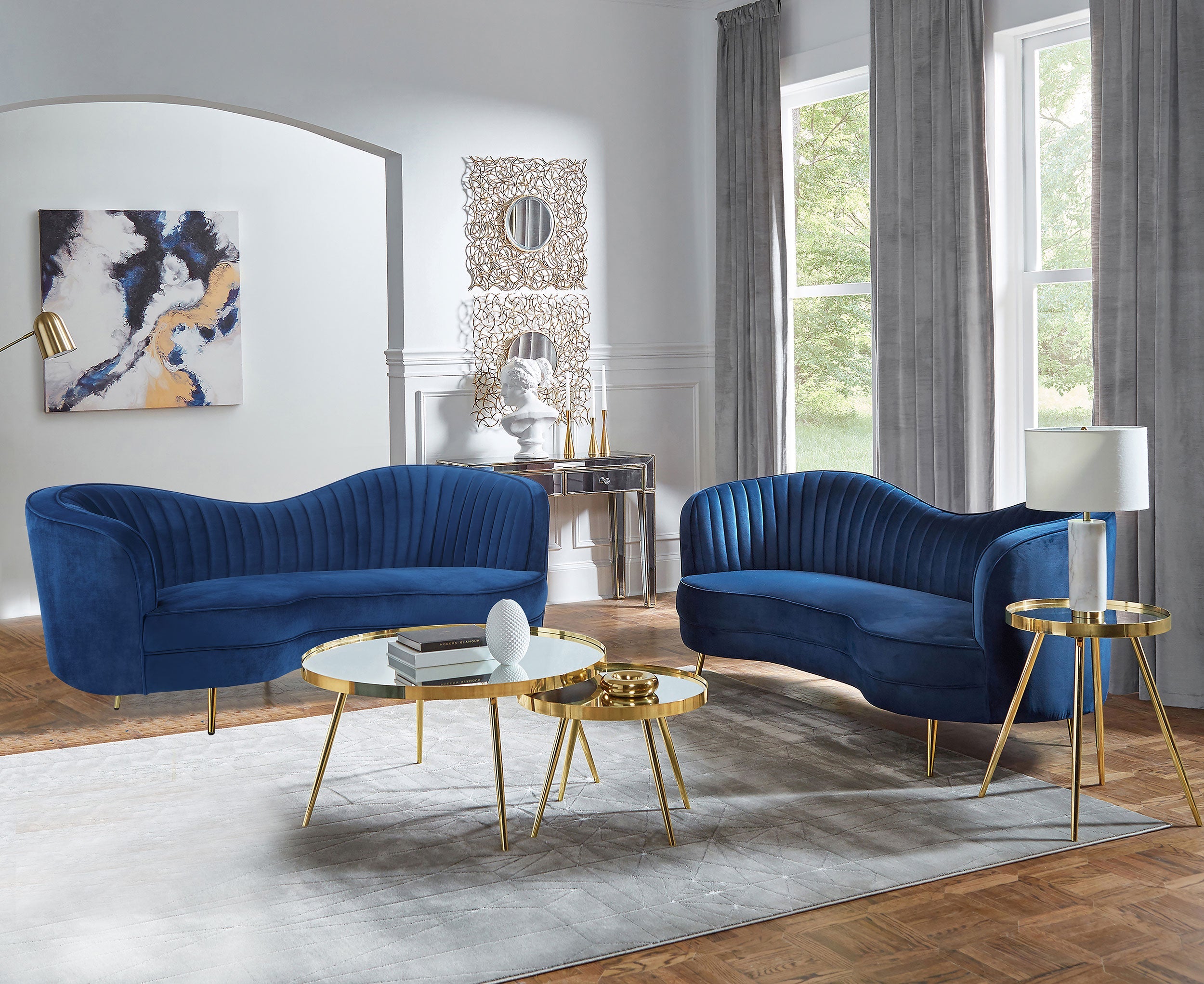 Sophia  Upholstered Channel Tufted Sofa Set Blue