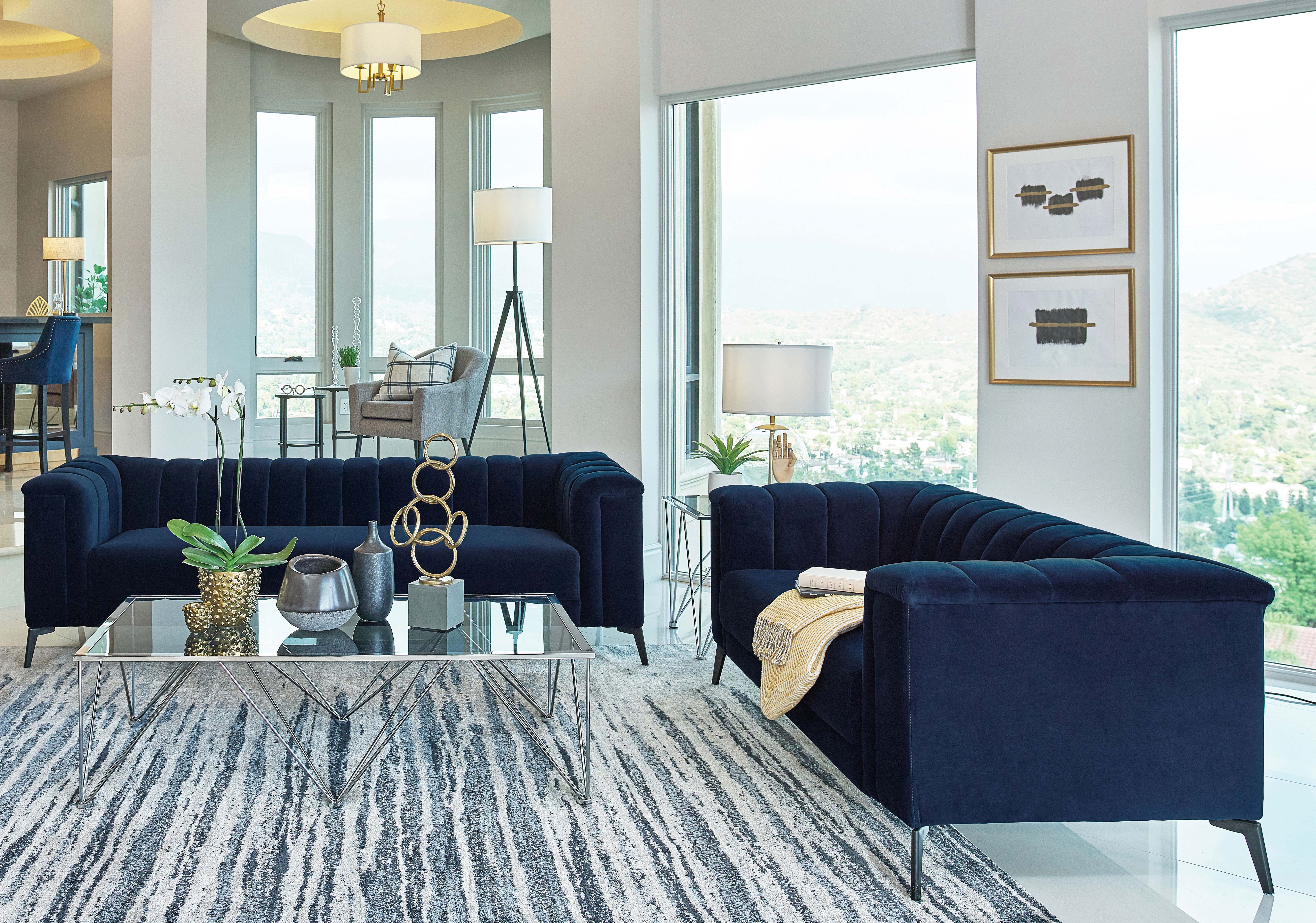 Chalet  Upholstered Tuxedo Arm Tufted Sofa Set Blue