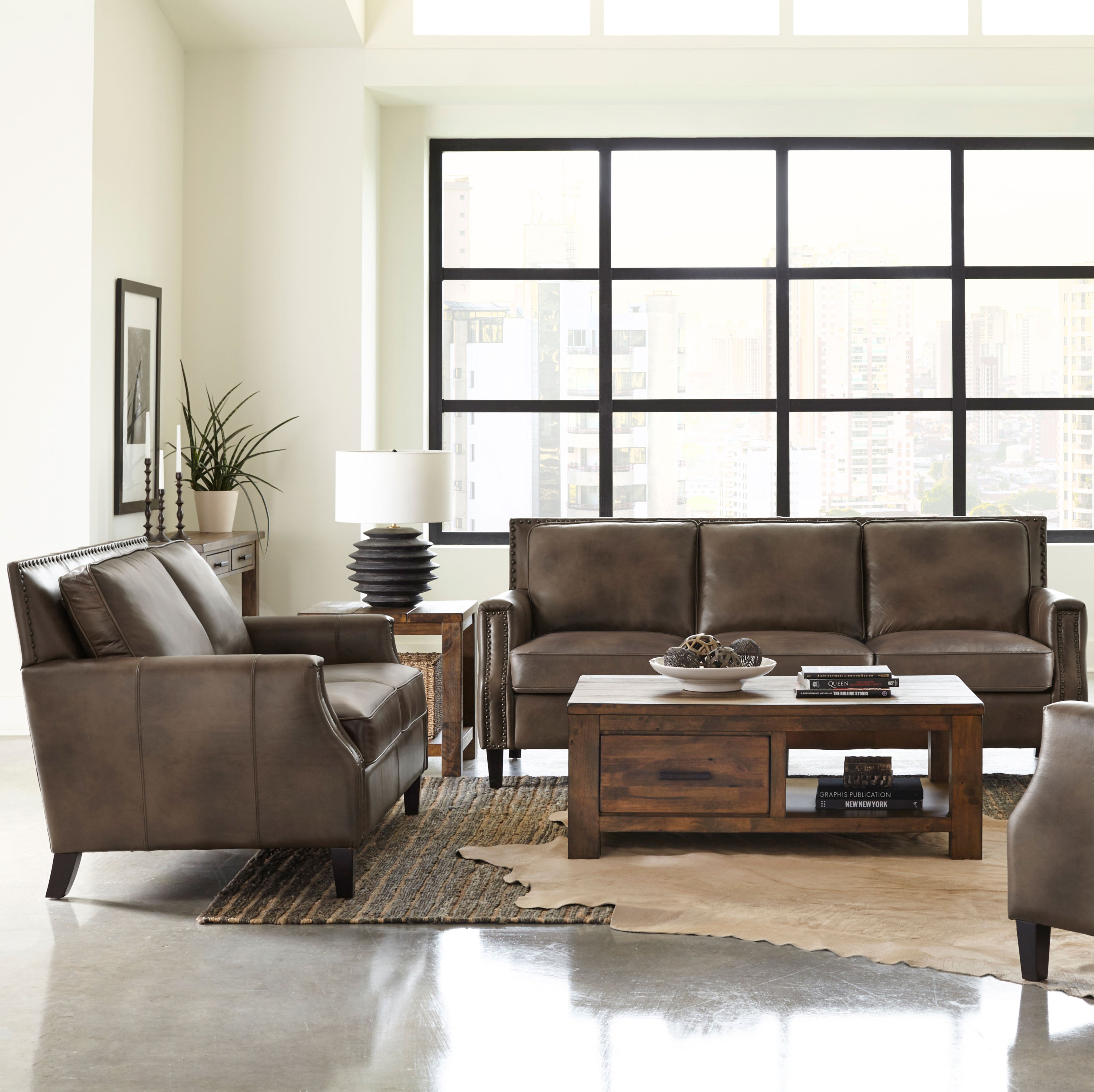 Leaton  Upholstered Recessed Arm Sofa Set Brown Sugar