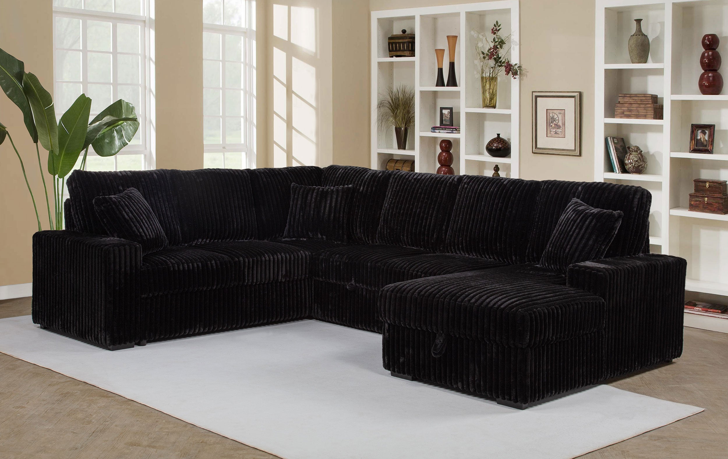 Devonshire Sleeper Sectional Sofa with Storage Chaise, Black
