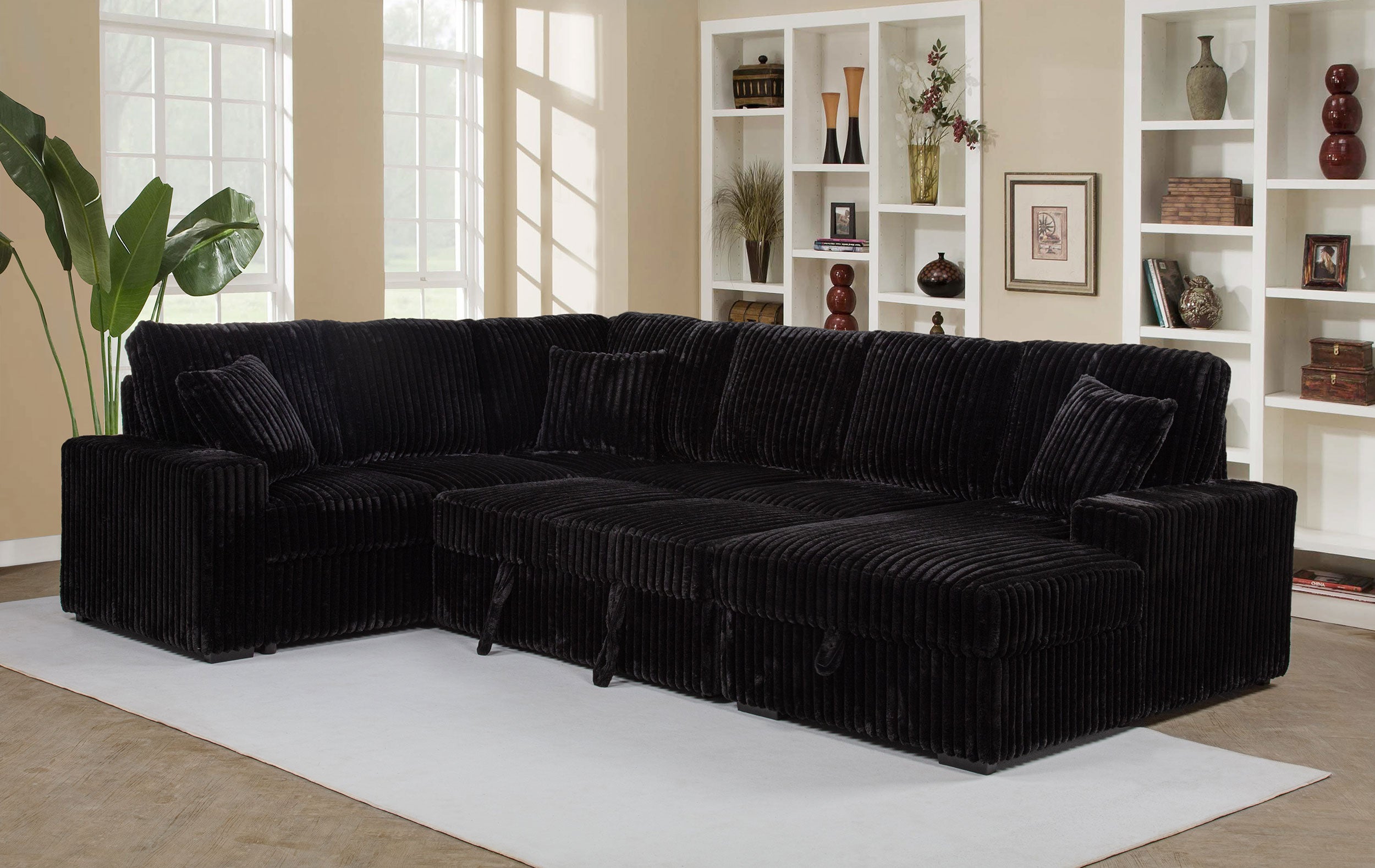 Devonshire Sleeper Sectional Sofa with Storage Chaise, Black