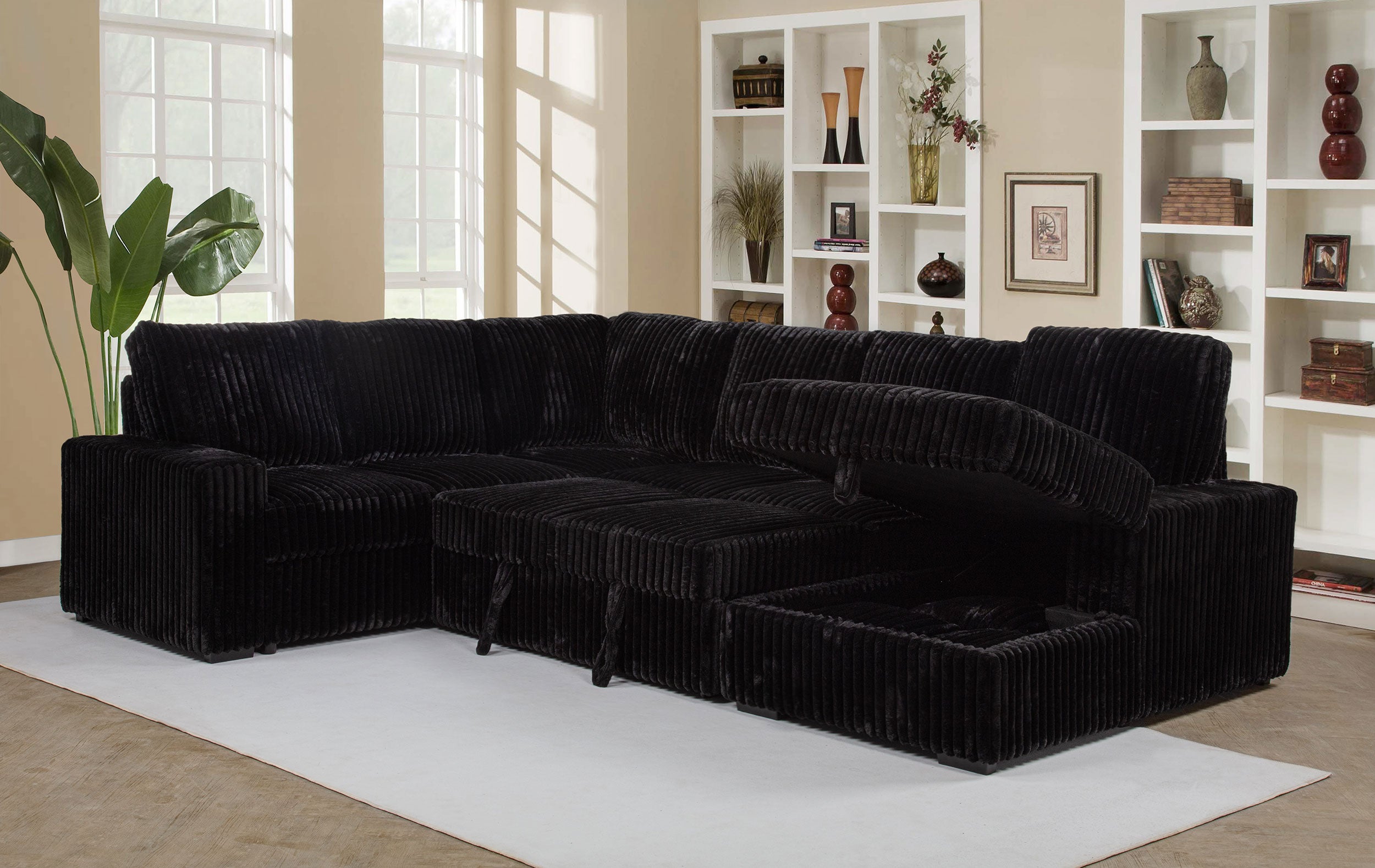 Devonshire Sleeper Sectional Sofa with Storage Chaise, Black