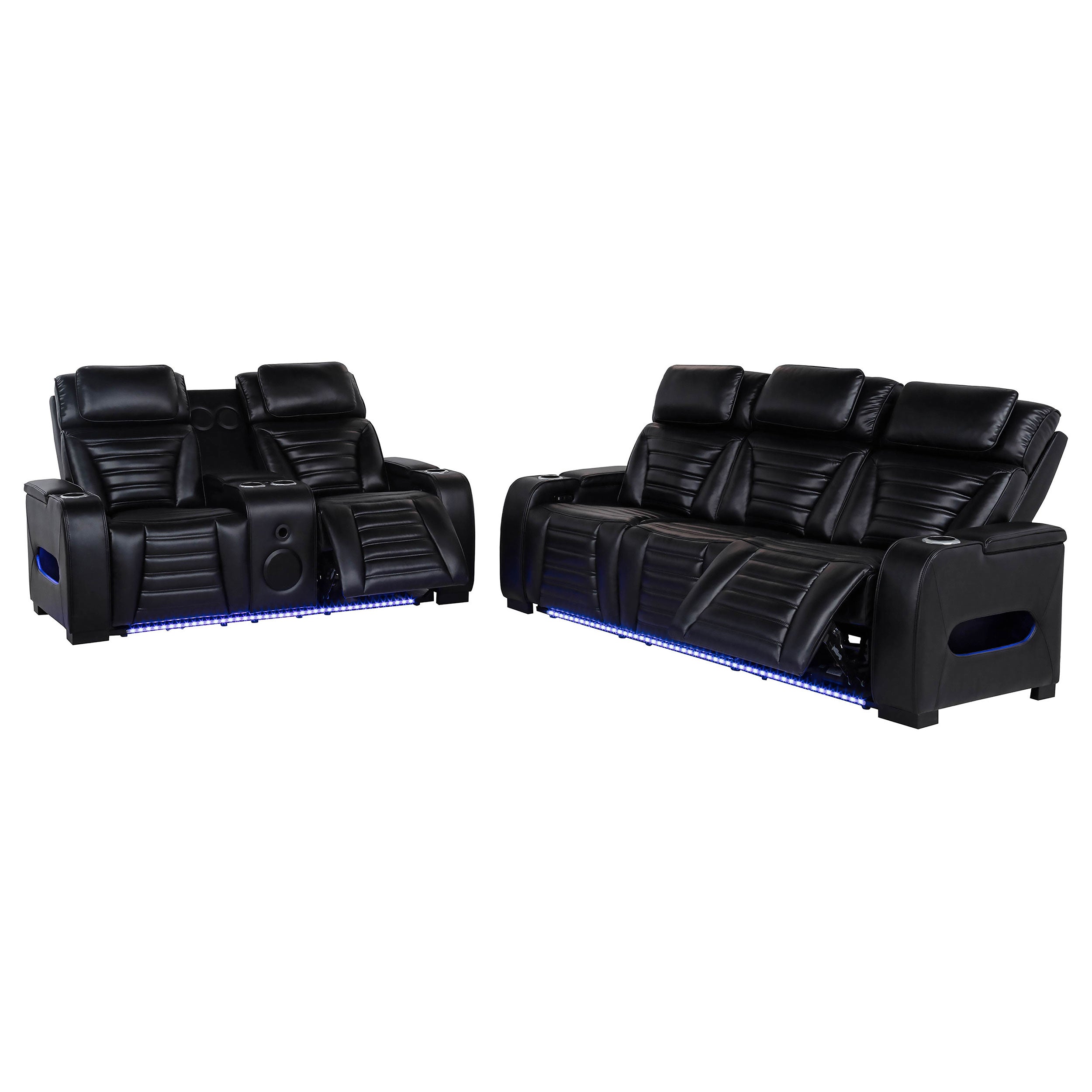 Zuma Faux Leather Dual Power LED Sofa Set Black