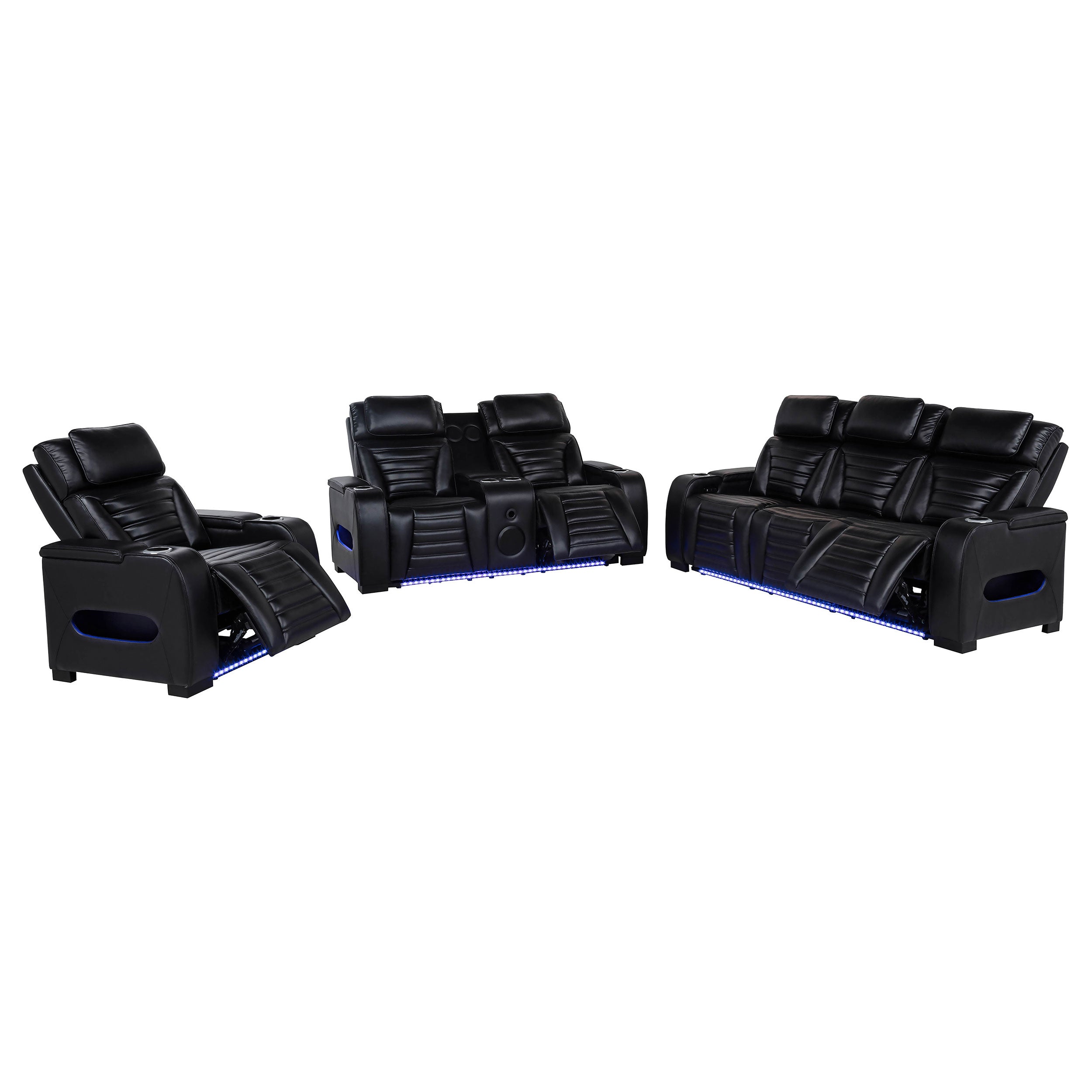 Zuma Faux Leather Dual Power LED Sofa Set Black