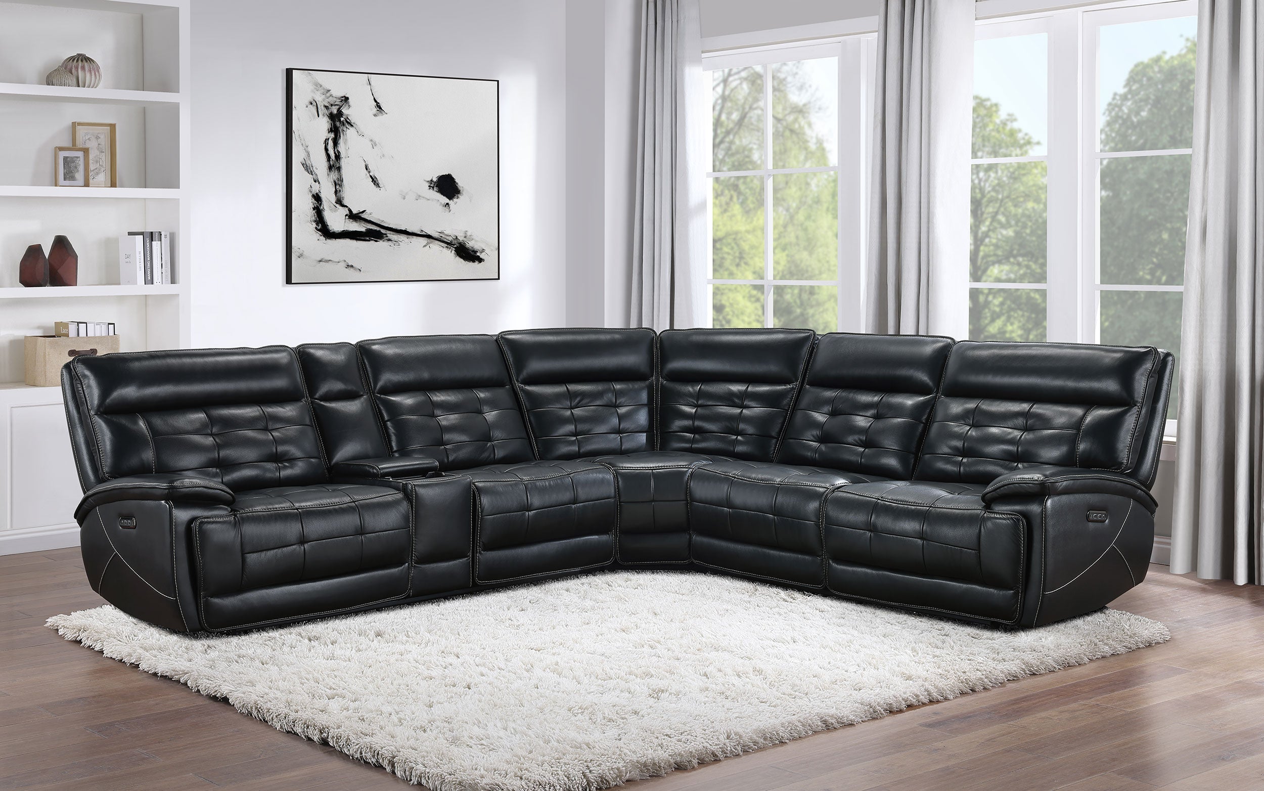 Hewitt Leather Upholstered Power Reclining Sectional Sofa Black Leather