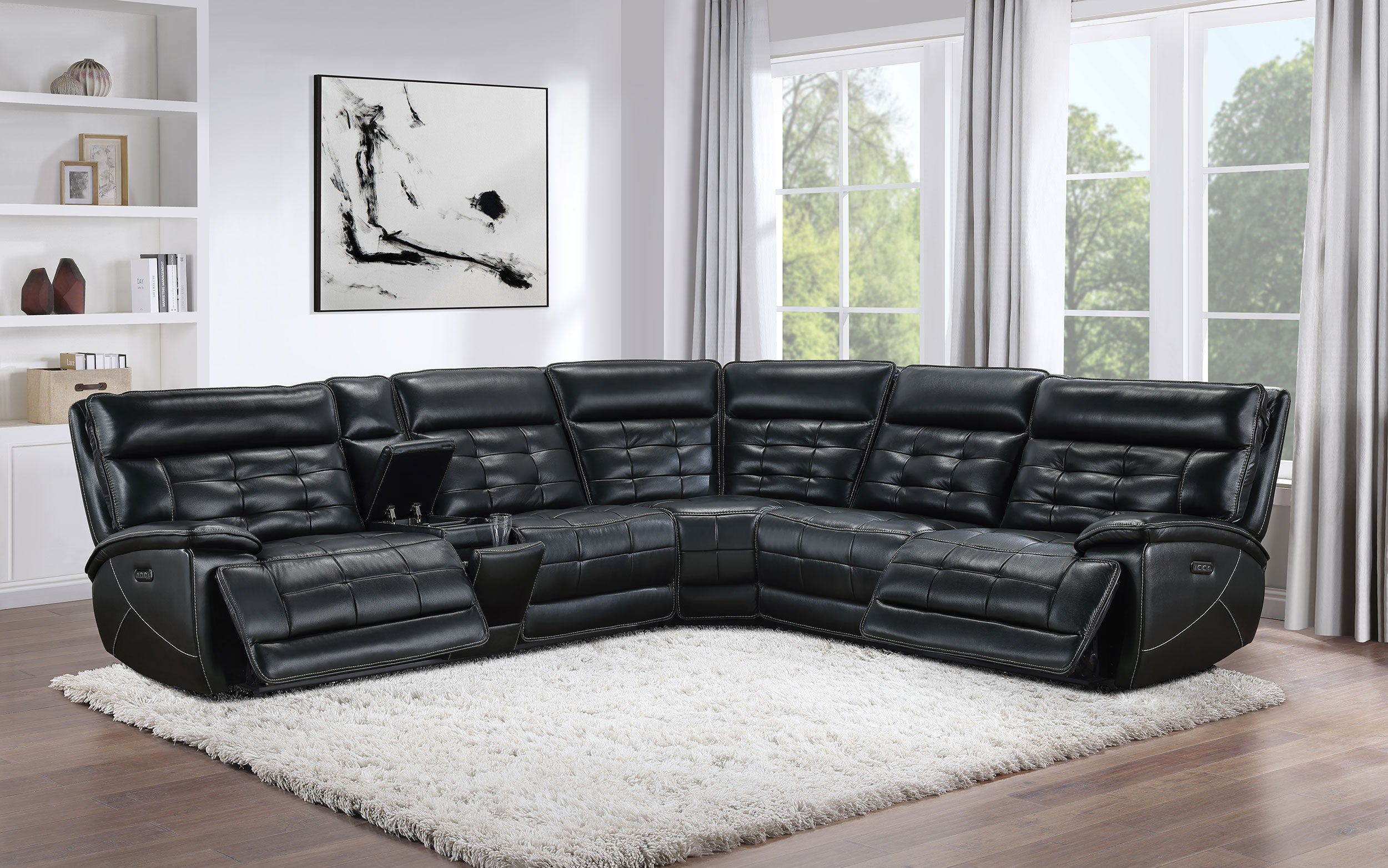 Hewitt Leather Upholstered Power Reclining Sectional Sofa Black Leather