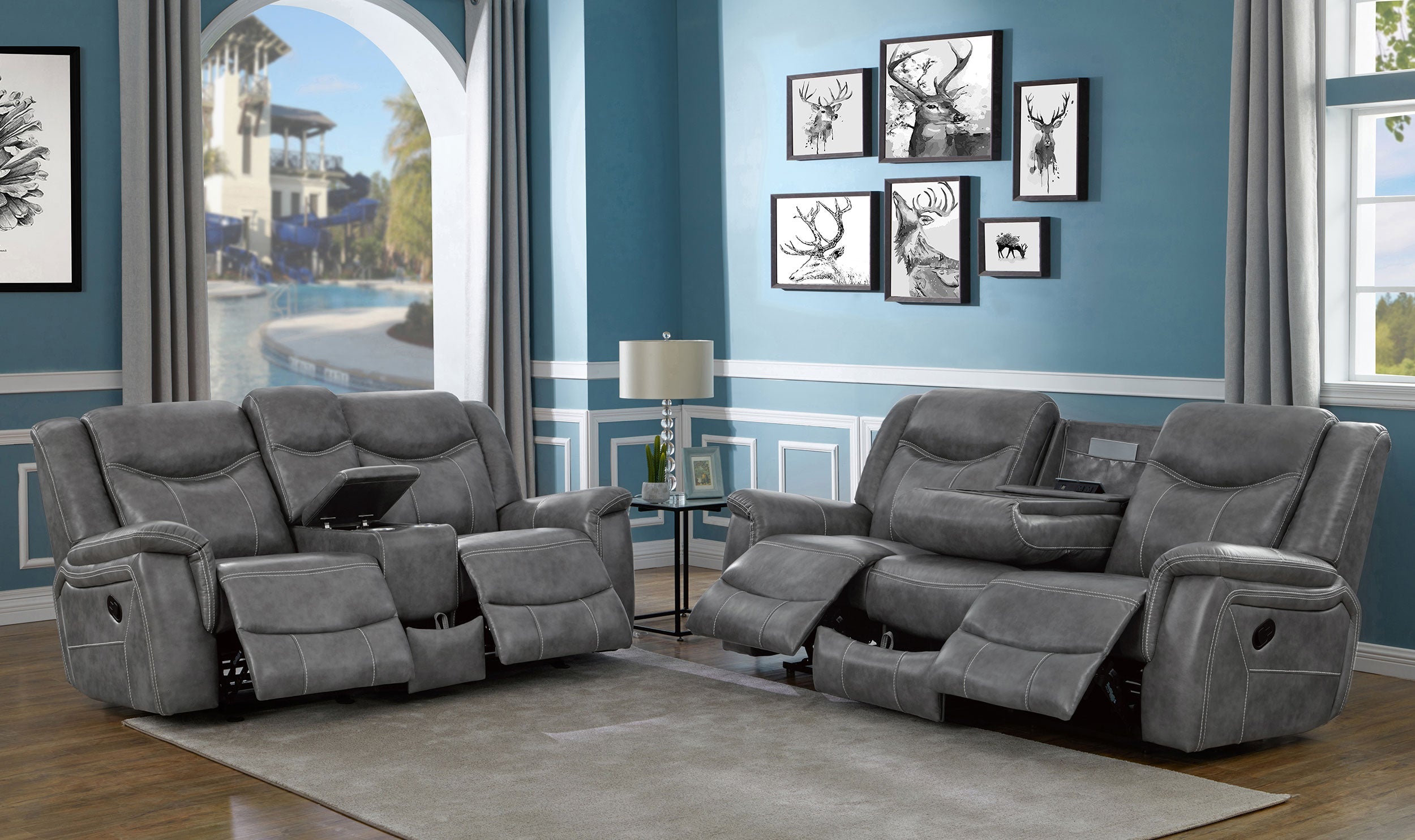 Conrad  Upholstered Padded Arm Motion Sofa Set Grey