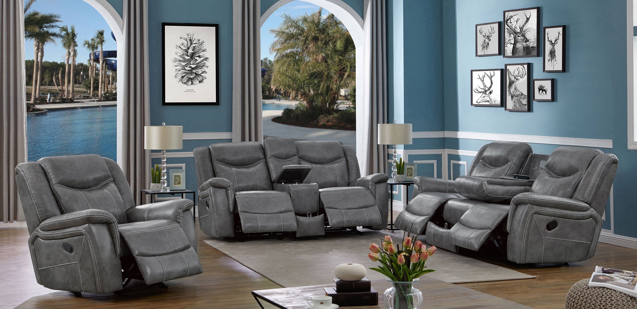 Conrad  Upholstered Padded Arm Motion Sofa Set Grey