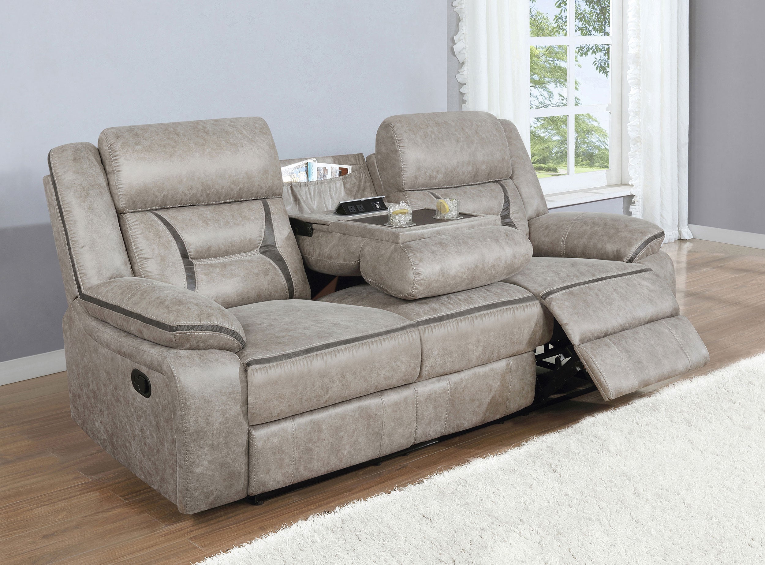 Greer Upholstered Motion Reclining Sofa Brown