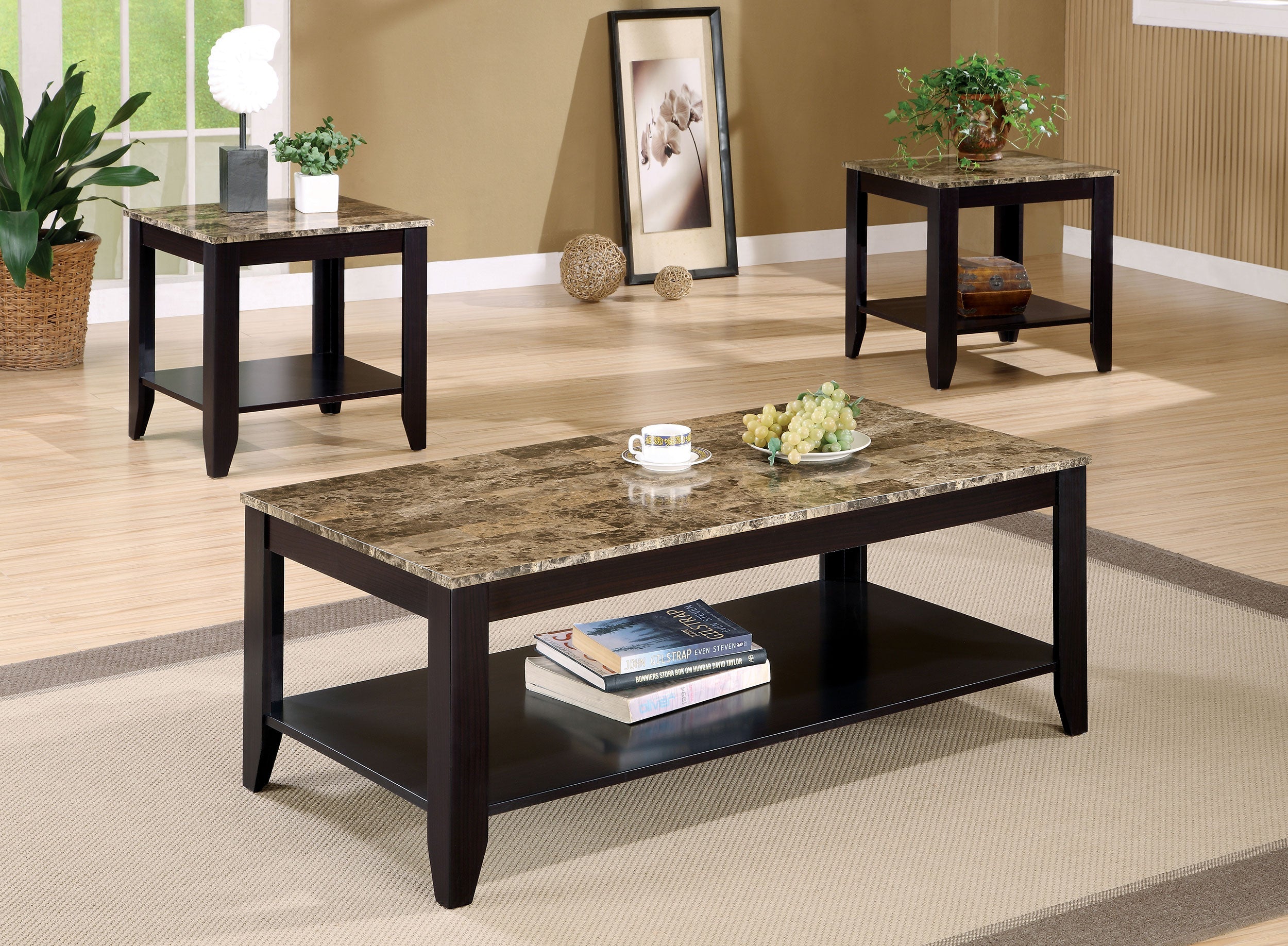 Flores Faux Marble Top Coffee Table Set Cappuccino