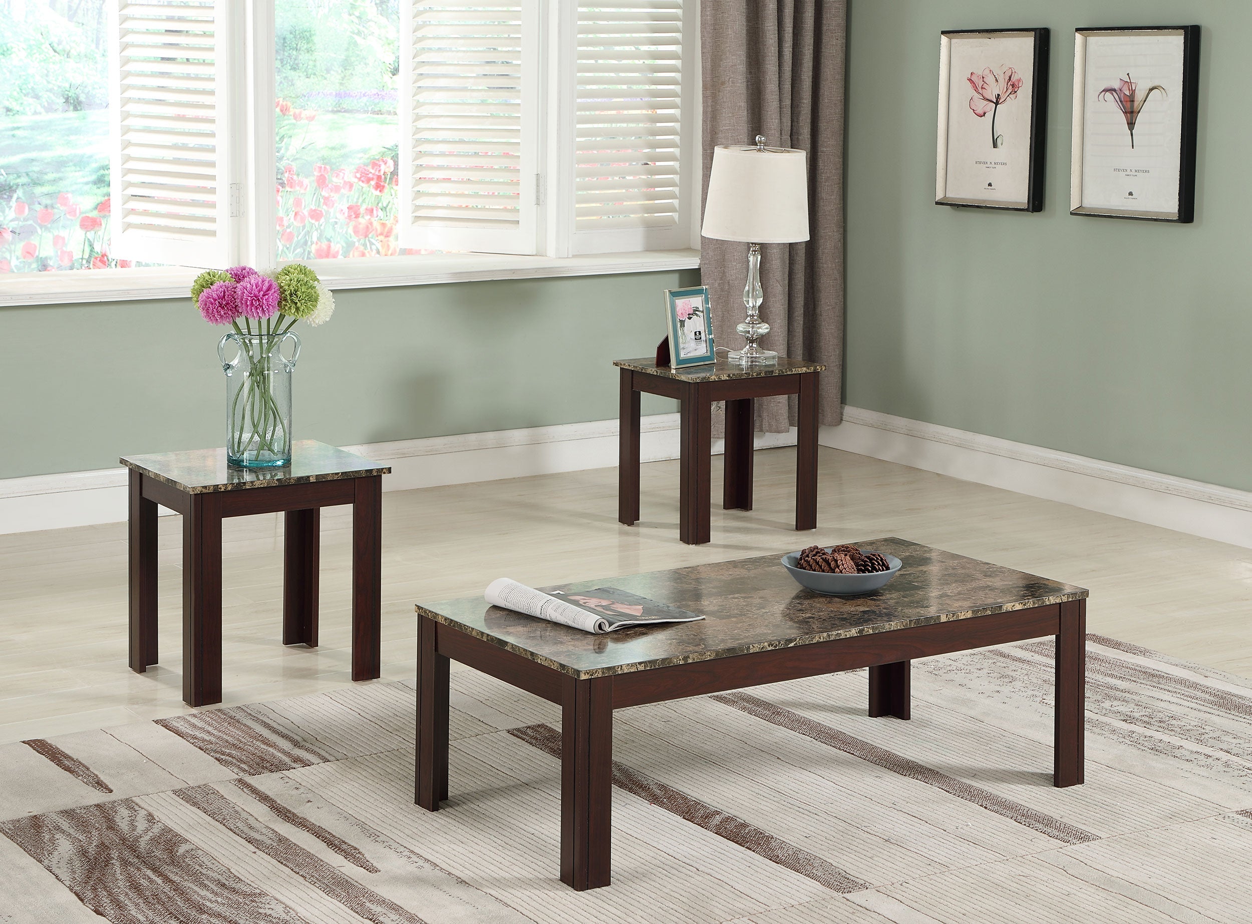Rhodes Faux Marble Top Coffee Table Set Brown