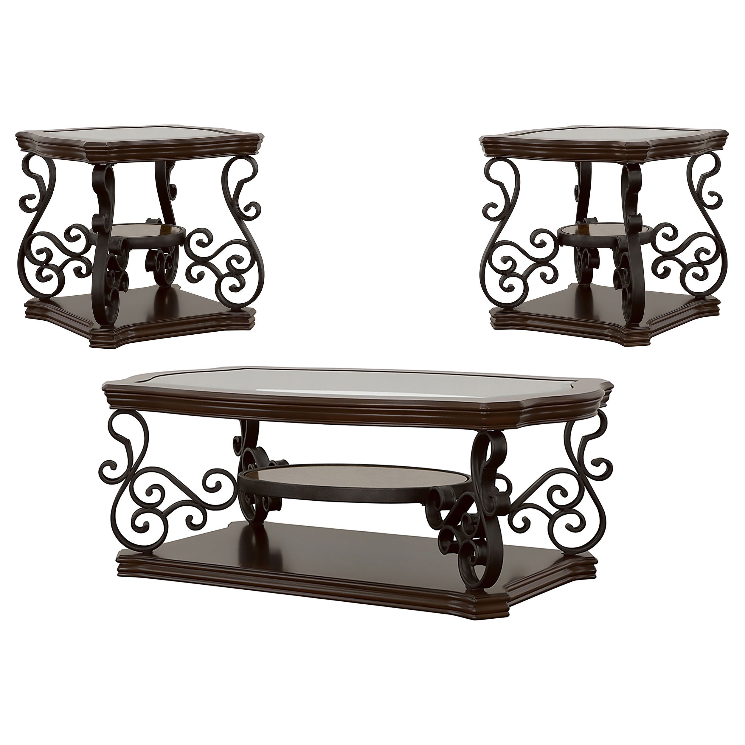 Laney Glass Top Coffee and End Table Set Dark Merlot