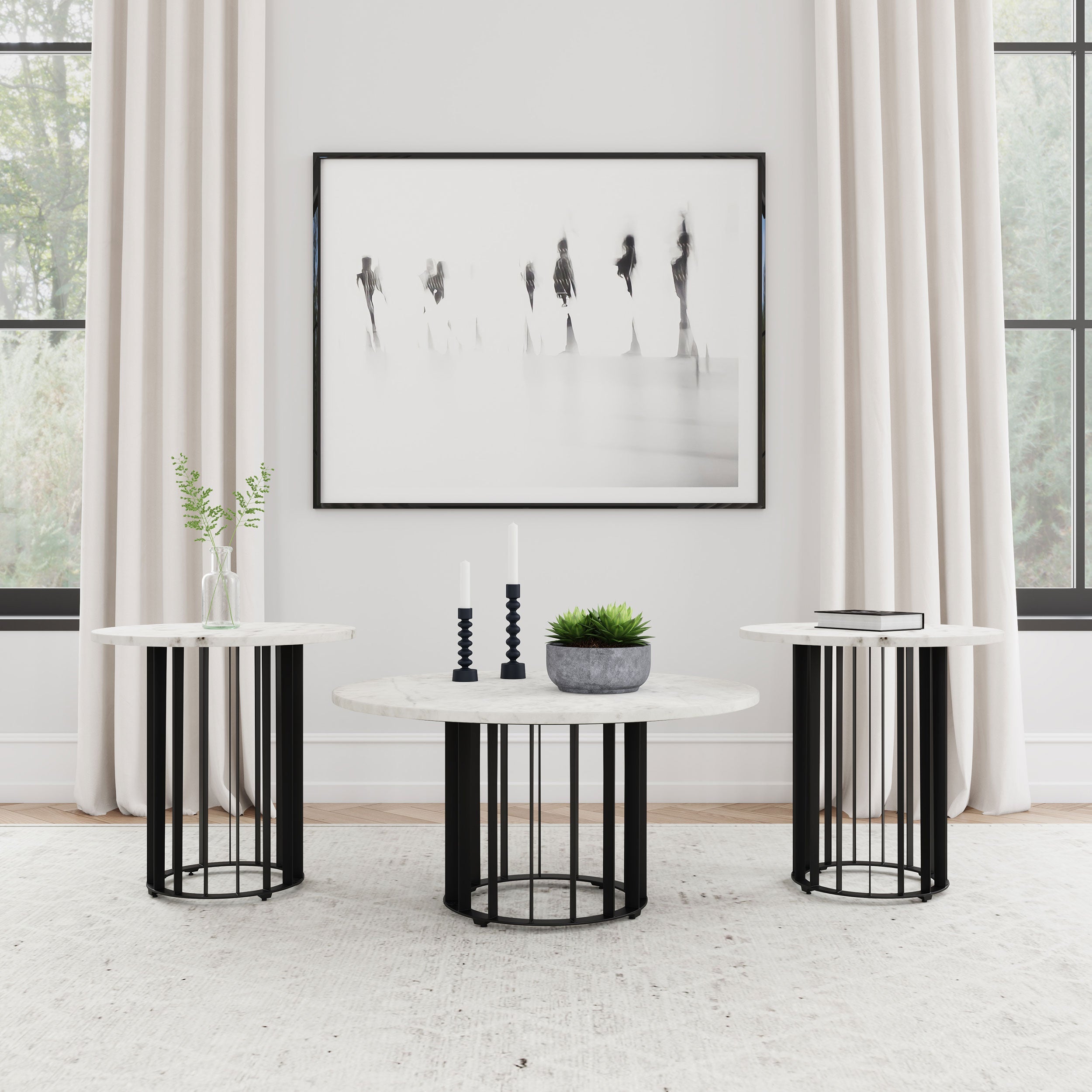 Haven Round Marble Coffee and End Table Set Black