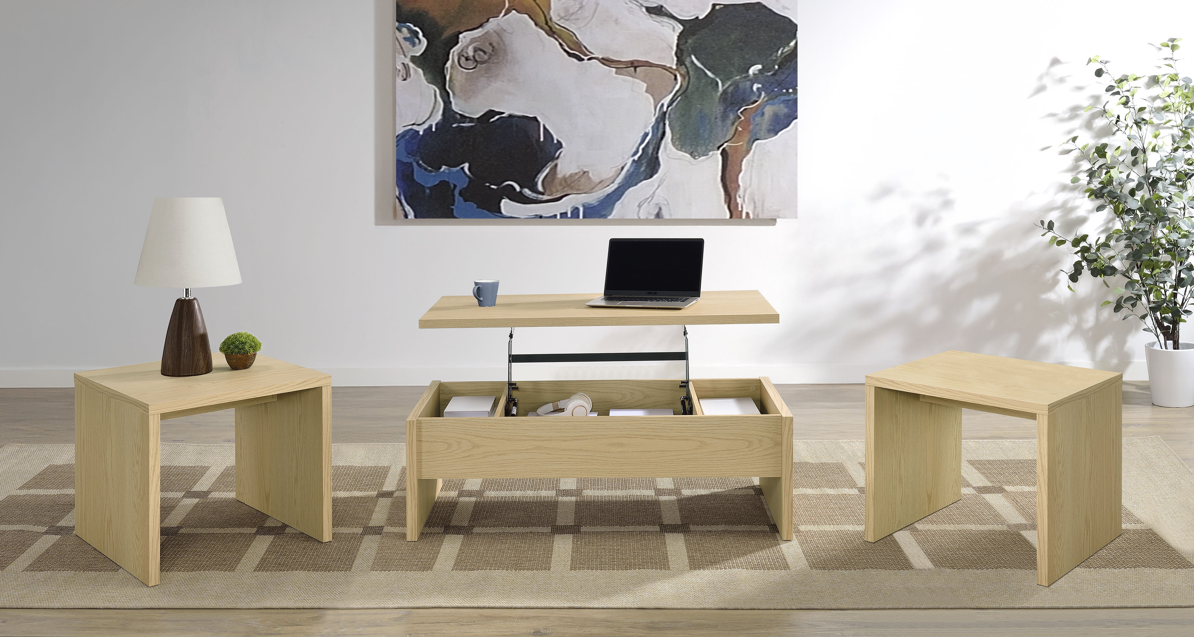 Canoga Lift Top Cocktail Coffee Table Set Light Oak