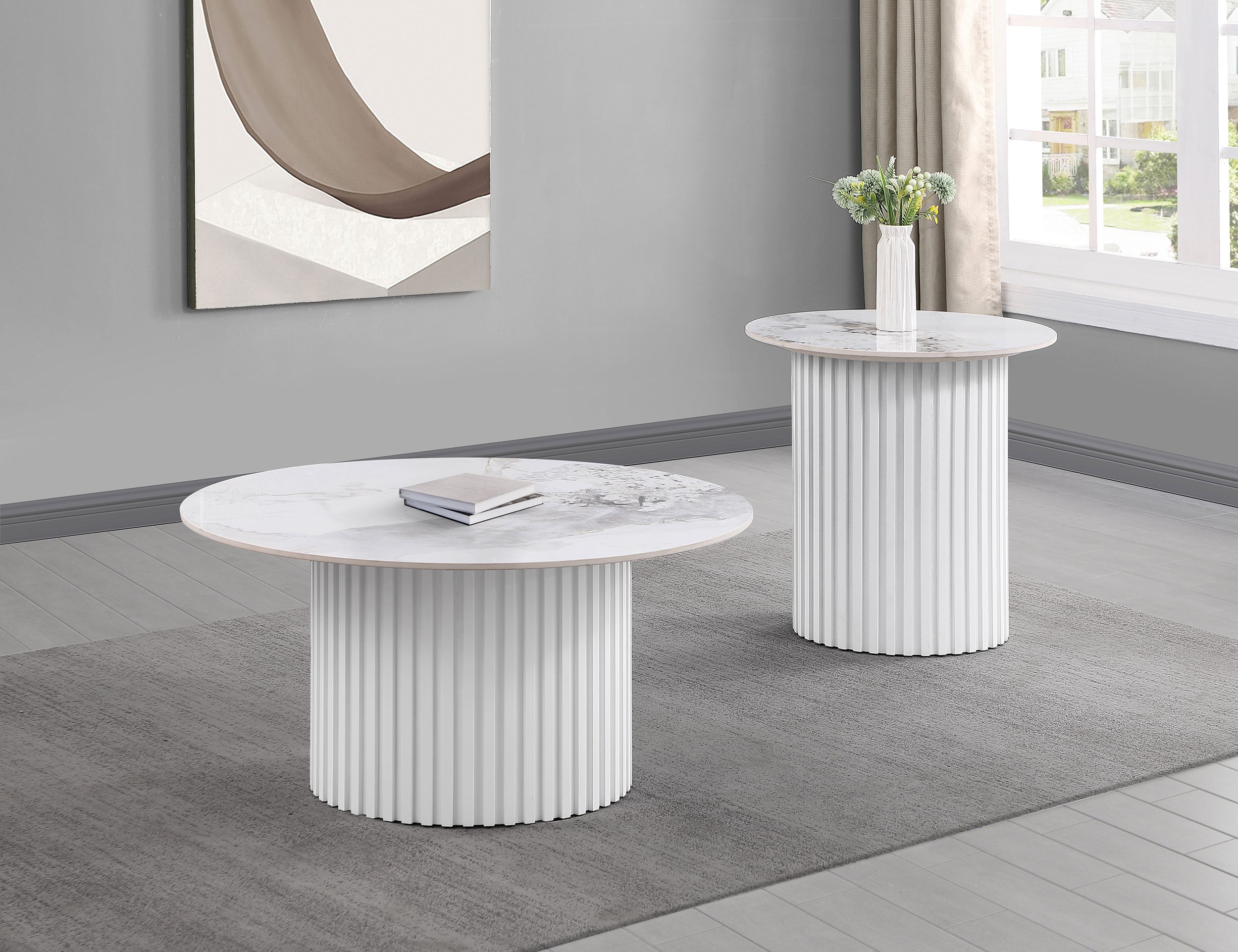 Rowena Coffee and End Table Set White Faux Marble